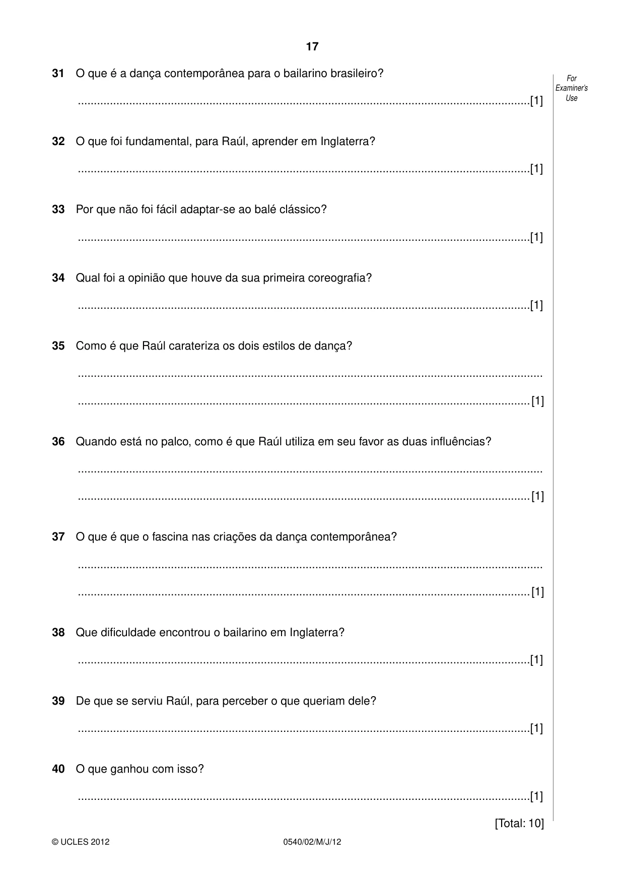 Cambridge IGCSE Portuguese - Foreign Language 0540 2012 May/June Paper 2 · Variant 1 question paper, page 17 of 20