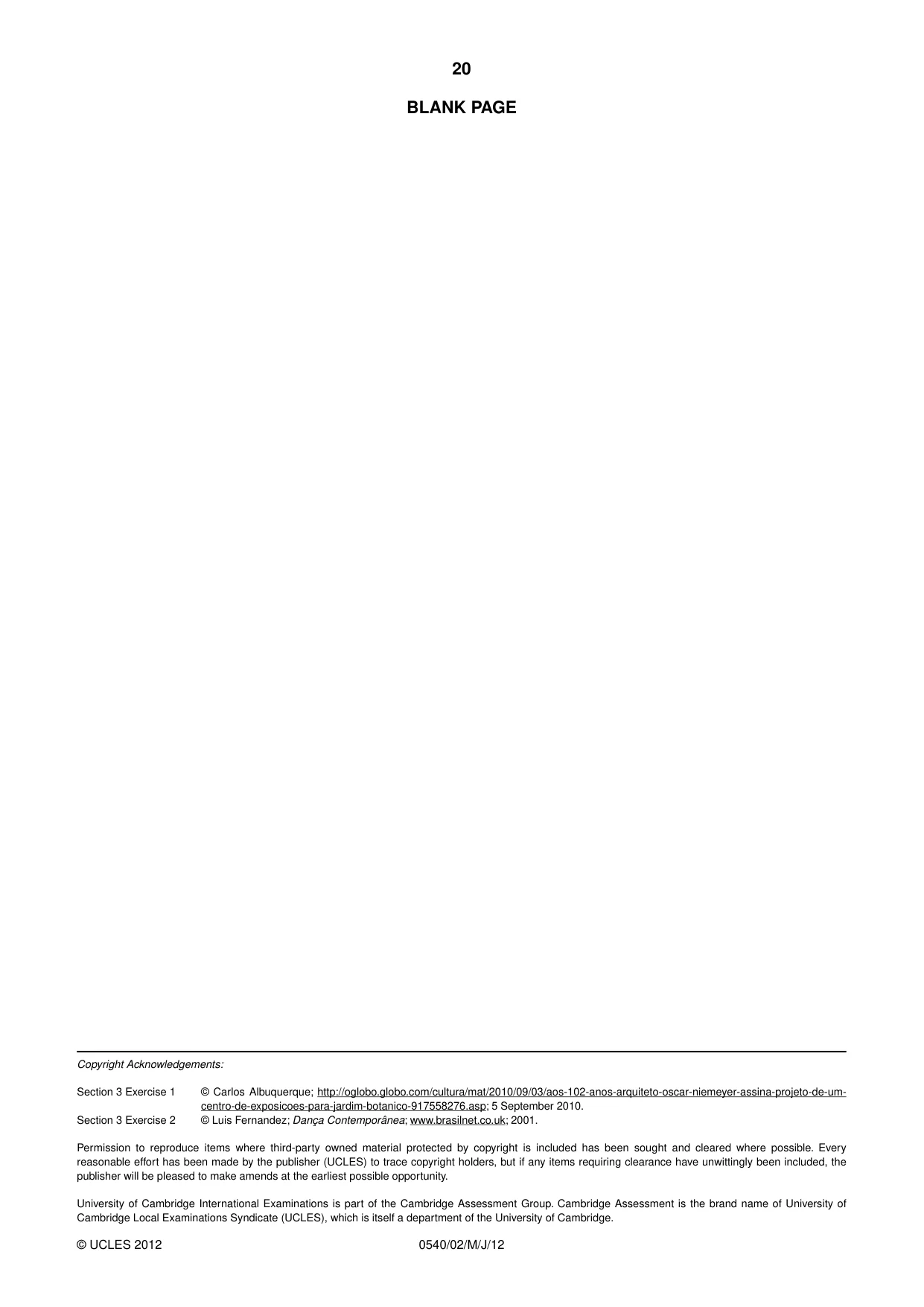 Cambridge IGCSE Portuguese - Foreign Language 0540 2012 May/June Paper 2 · Variant 1 question paper, page 20 of 20