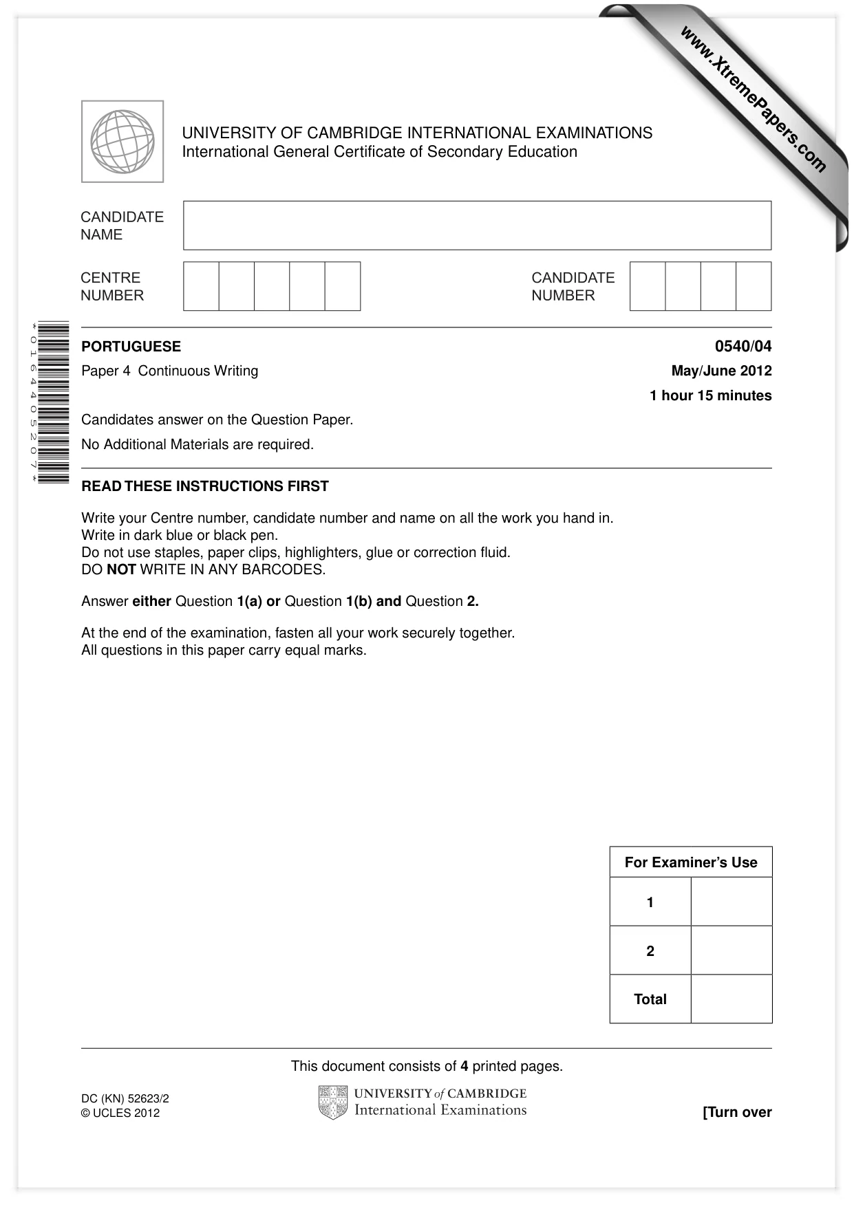Cambridge IGCSE Portuguese - Foreign Language 0540 2012 May/June Paper 4 · Variant 1 question paper, page 1 of 4