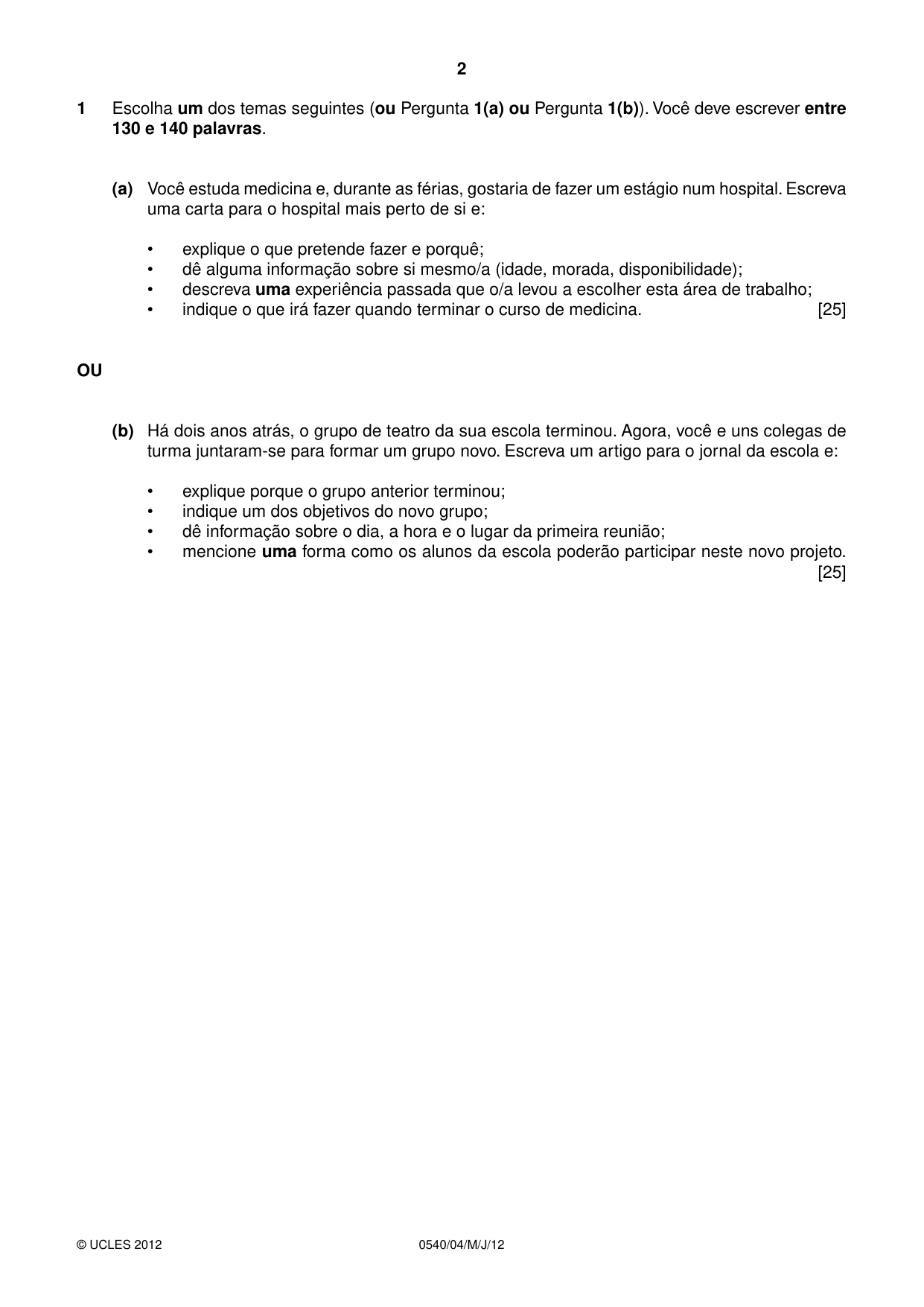 Cambridge IGCSE Portuguese - Foreign Language 0540 2012 May/June Paper 4 · Variant 1 question paper, page 2 of 4