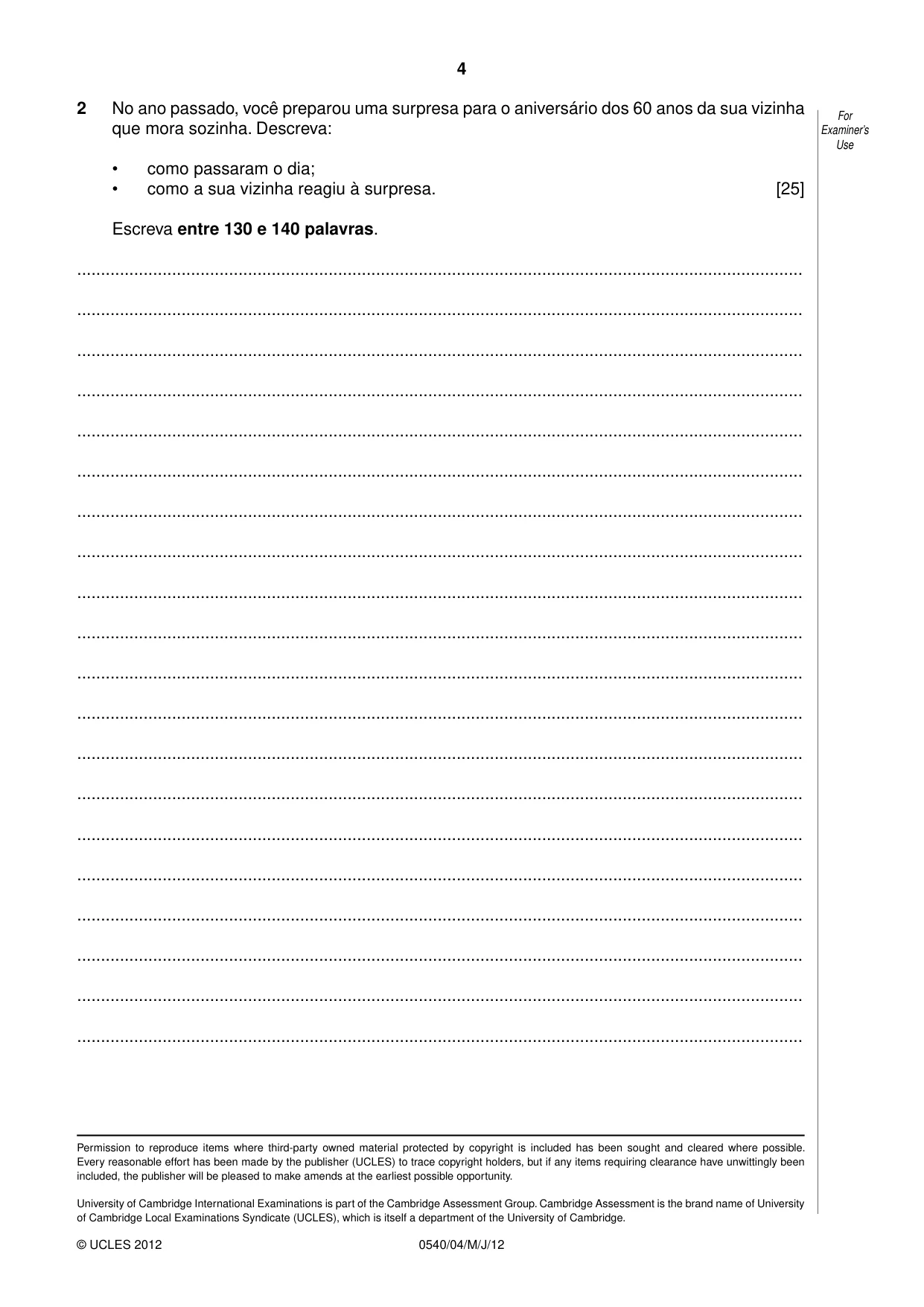 Cambridge IGCSE Portuguese - Foreign Language 0540 2012 May/June Paper 4 · Variant 1 question paper, page 4 of 4