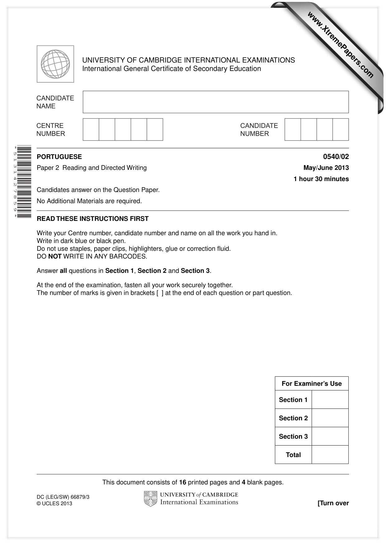 Cambridge IGCSE Portuguese - Foreign Language 0540 2013 May/June Paper 2 · Variant 1 question paper, page 1 of 20
