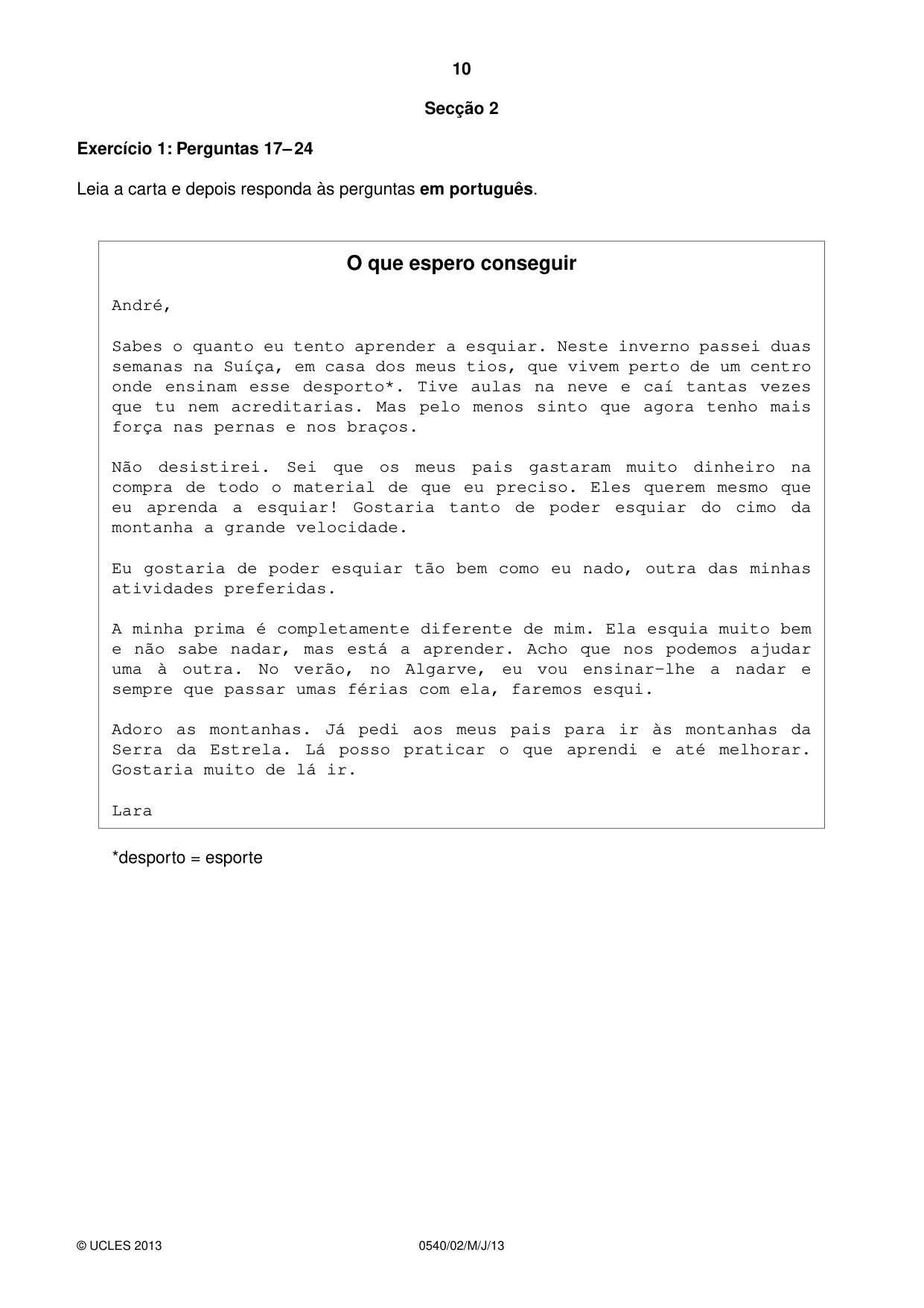 Cambridge IGCSE Portuguese - Foreign Language 0540 2013 May/June Paper 2 · Variant 1 question paper, page 10 of 20