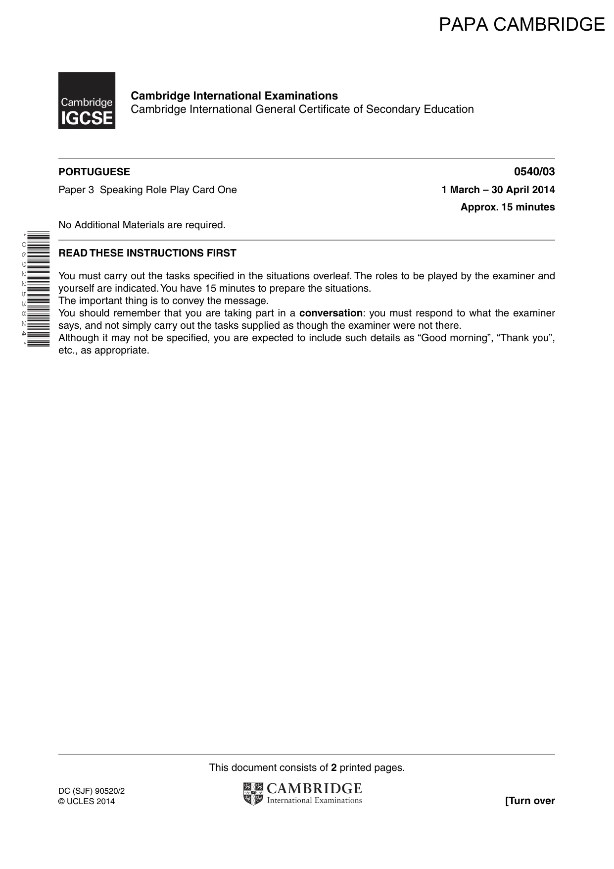 Cambridge IGCSE Portuguese - Foreign Language 0540 2014 May/June Paper 3 · Variant 0 question paper, page 1 of 18