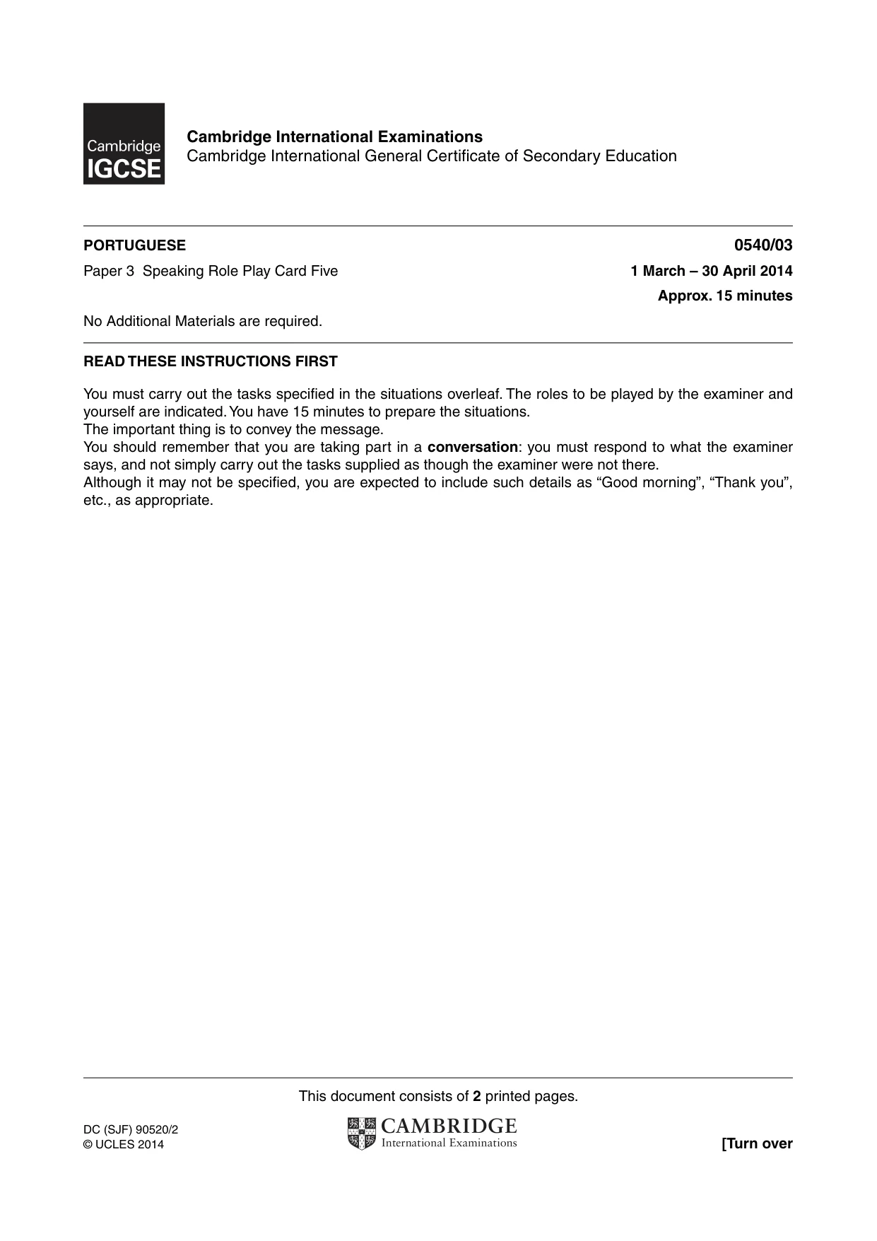 Cambridge IGCSE Portuguese - Foreign Language 0540 2014 May/June Paper 3 · Variant 0 question paper, page 9 of 18