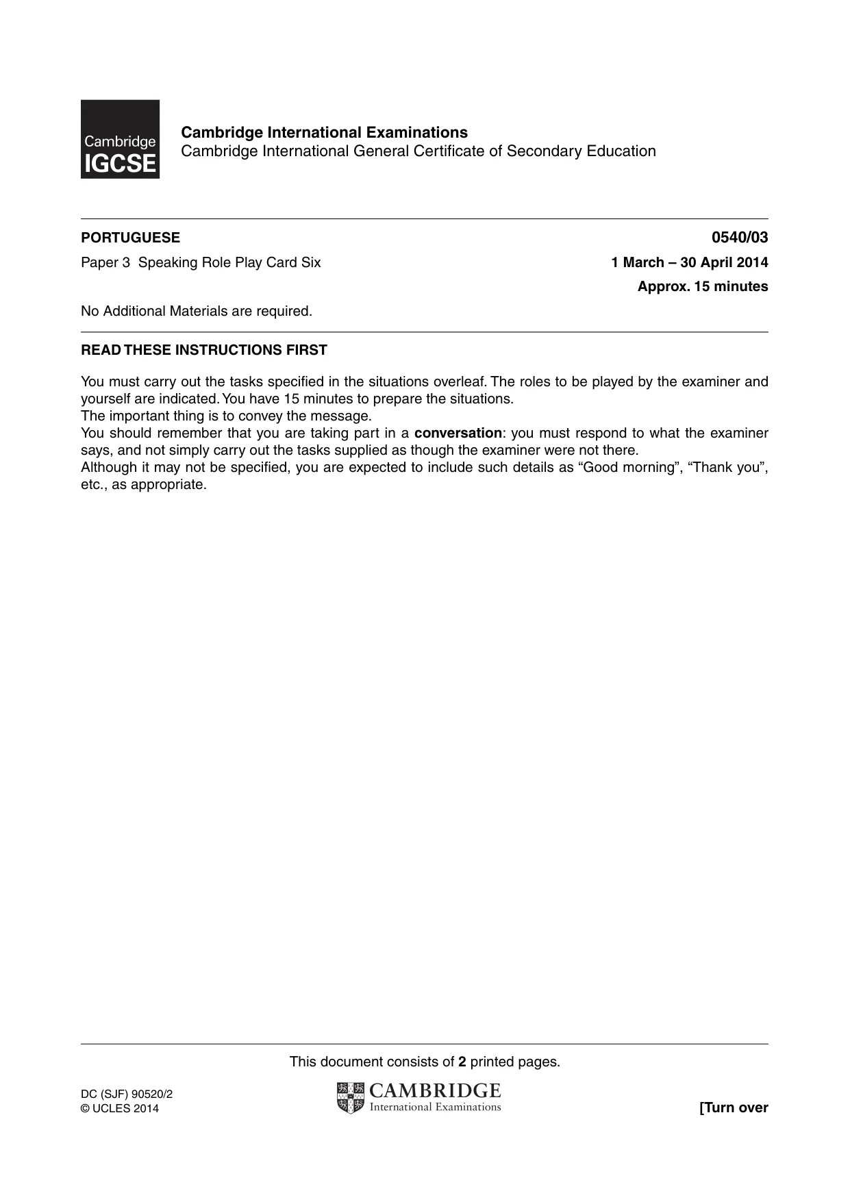 Cambridge IGCSE Portuguese - Foreign Language 0540 2014 May/June Paper 3 · Variant 0 question paper, page 11 of 18