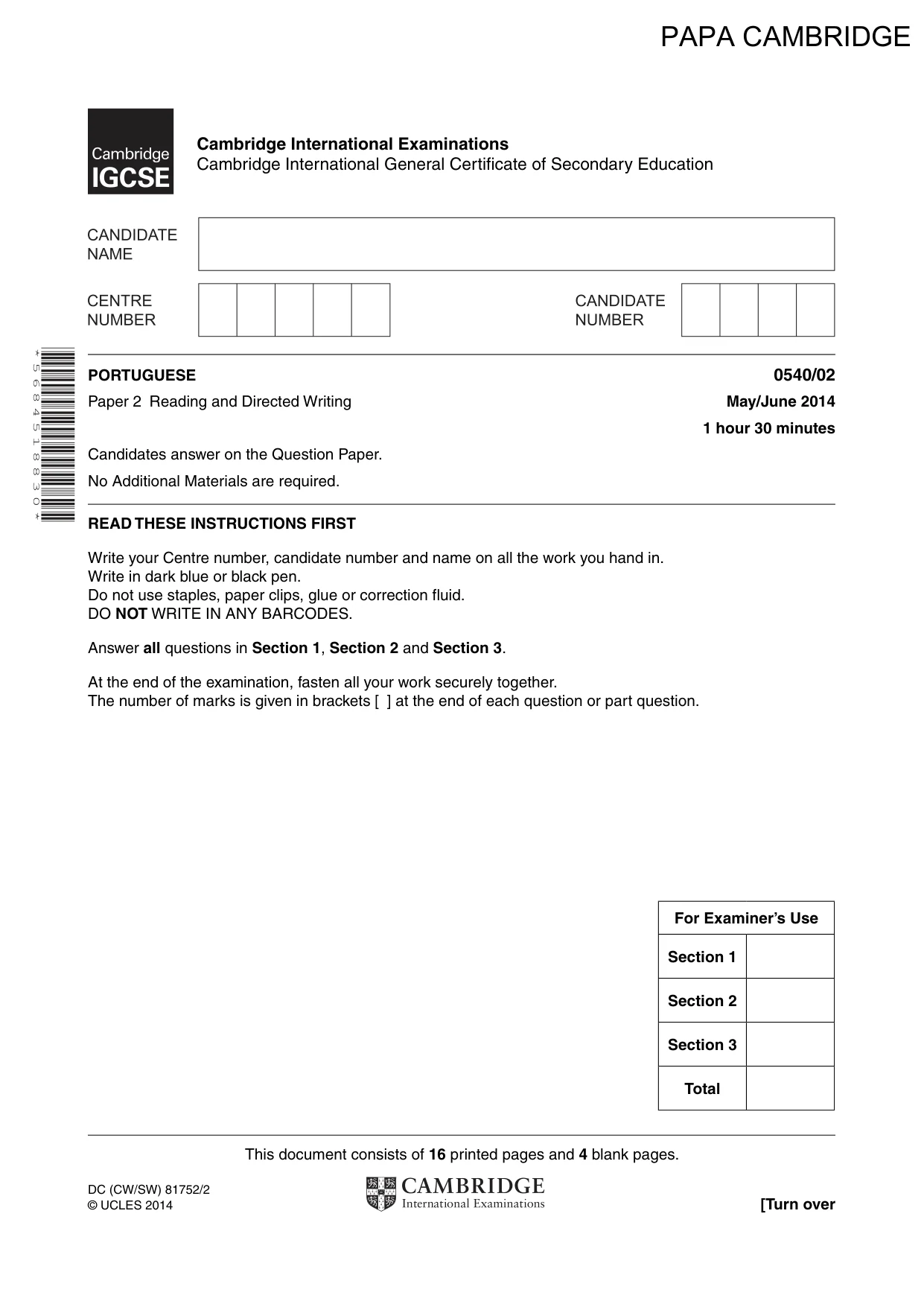 Cambridge IGCSE Portuguese - Foreign Language 0540 2014 May/June Paper 2 · Variant 1 question paper, page 1 of 20