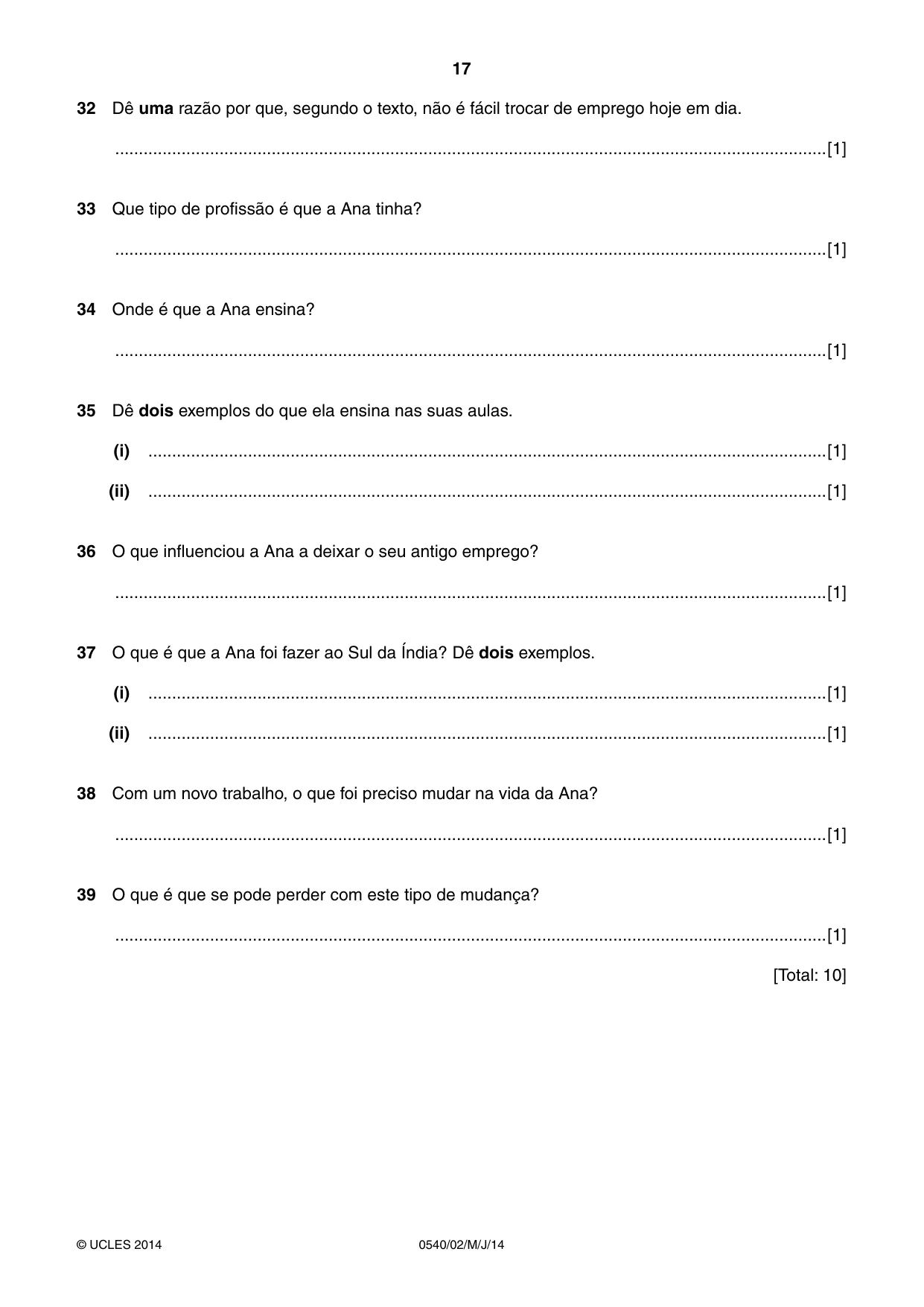 Cambridge IGCSE Portuguese - Foreign Language 0540 2014 May/June Paper 2 · Variant 1 question paper, page 17 of 20