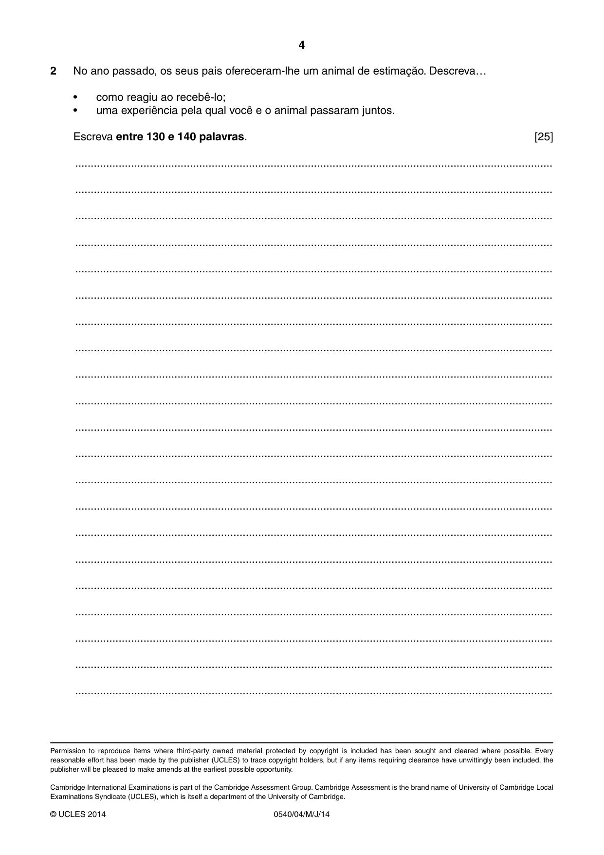 Cambridge IGCSE Portuguese - Foreign Language 0540 2014 May/June Paper 4 · Variant 1 question paper, page 4 of 4