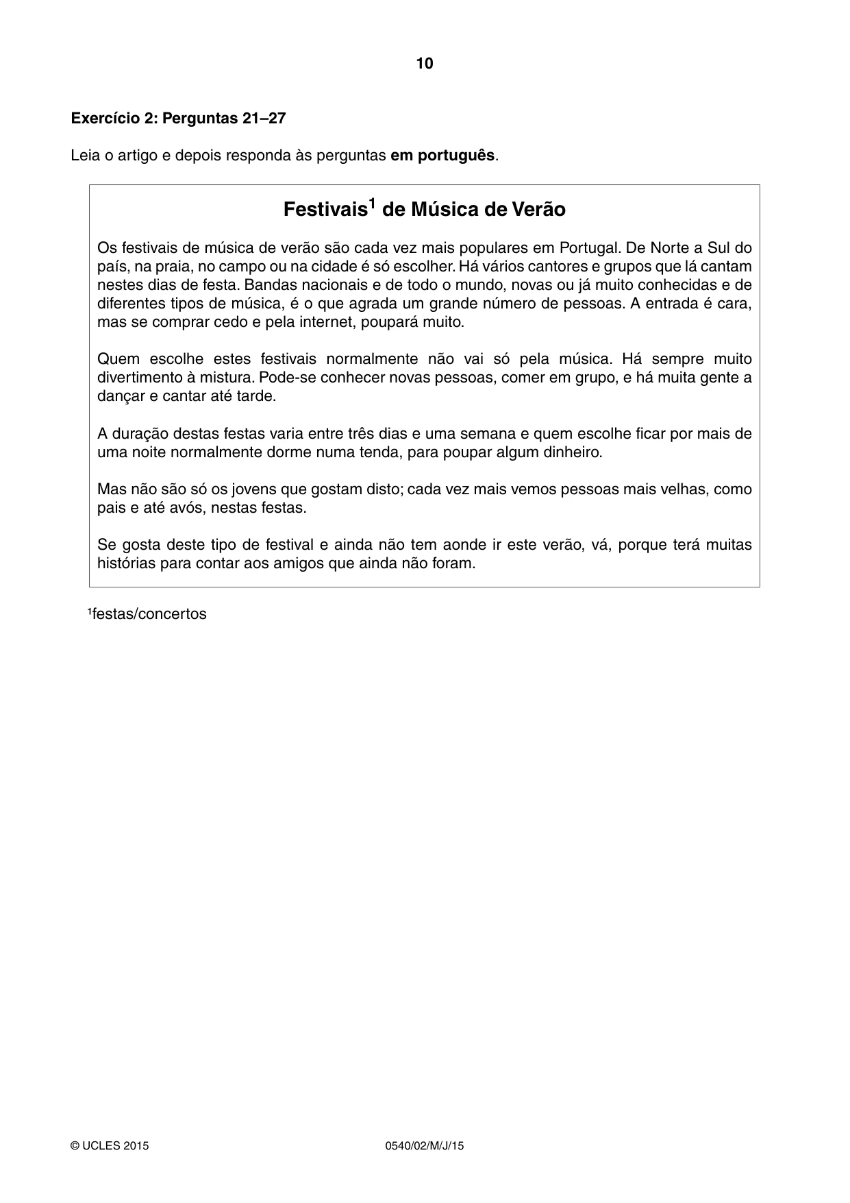Cambridge IGCSE Portuguese - Foreign Language 0540 2015 May/June Paper 2 · Variant 1 question paper, page 10 of 16