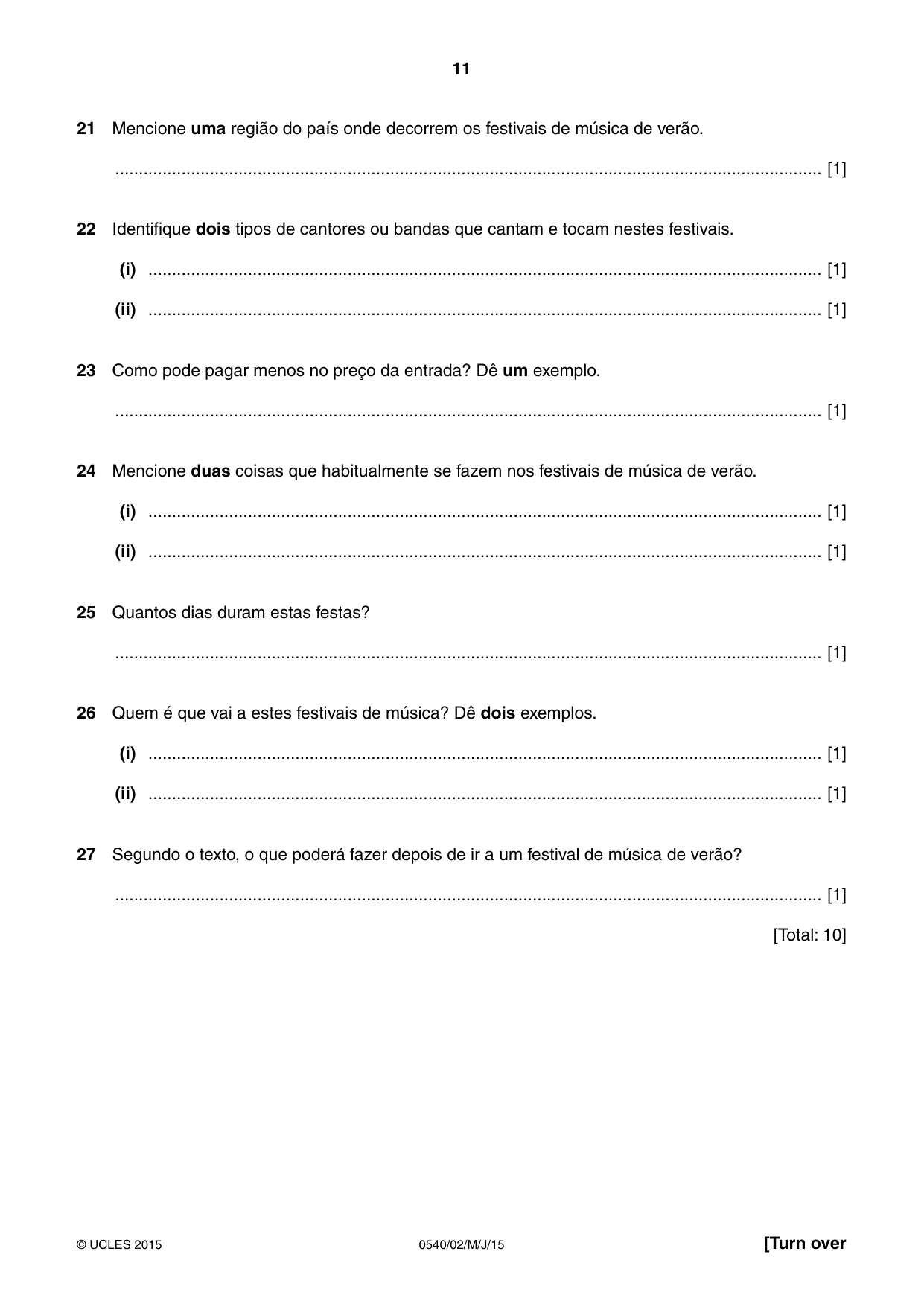 Cambridge IGCSE Portuguese - Foreign Language 0540 2015 May/June Paper 2 · Variant 1 question paper, page 11 of 16