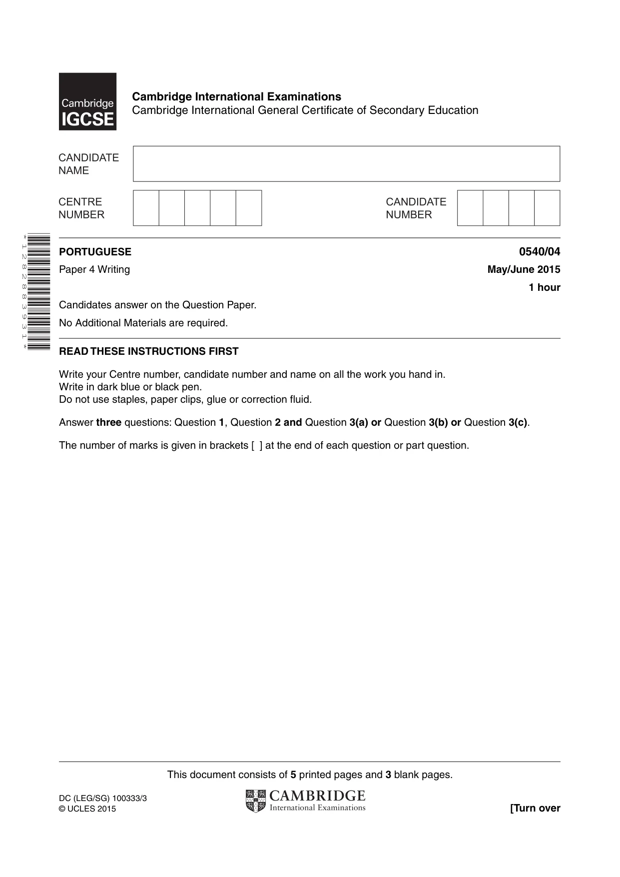 Cambridge IGCSE Portuguese - Foreign Language 0540 2015 May/June Paper 4 · Variant 1 question paper, page 1 of 8