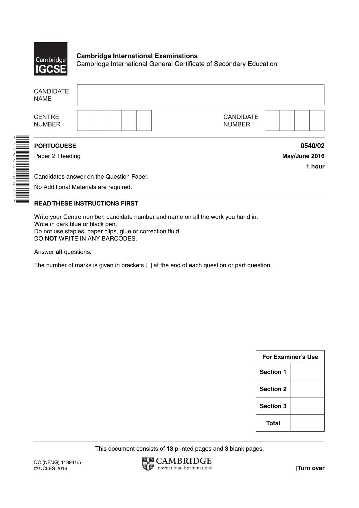Cambridge IGCSE Portuguese - Foreign Language 0540 2016 May/June Paper 2 · Variant 0 question paper, page 1 of 16