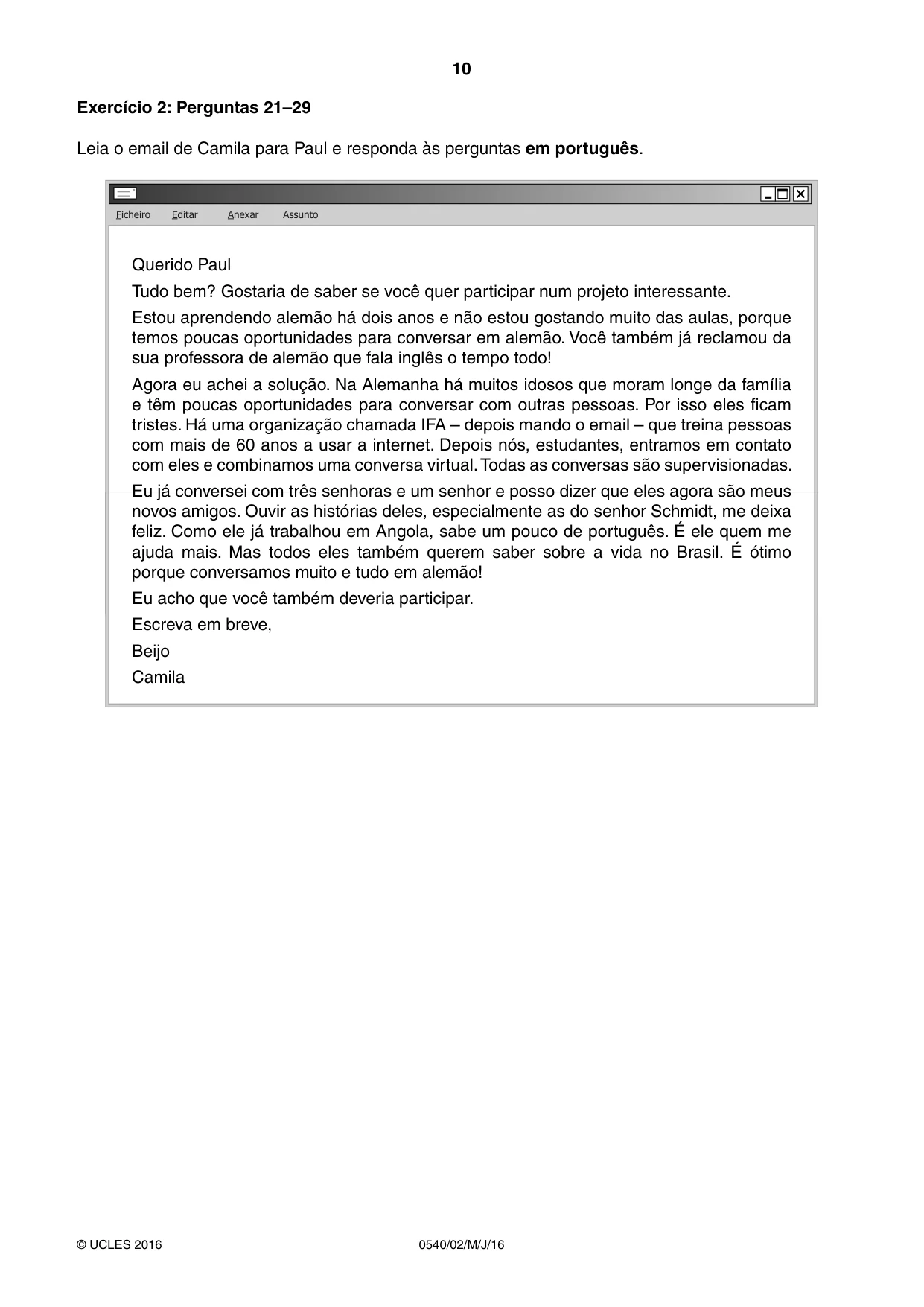 Cambridge IGCSE Portuguese - Foreign Language 0540 2016 May/June Paper 2 · Variant 0 question paper, page 10 of 16