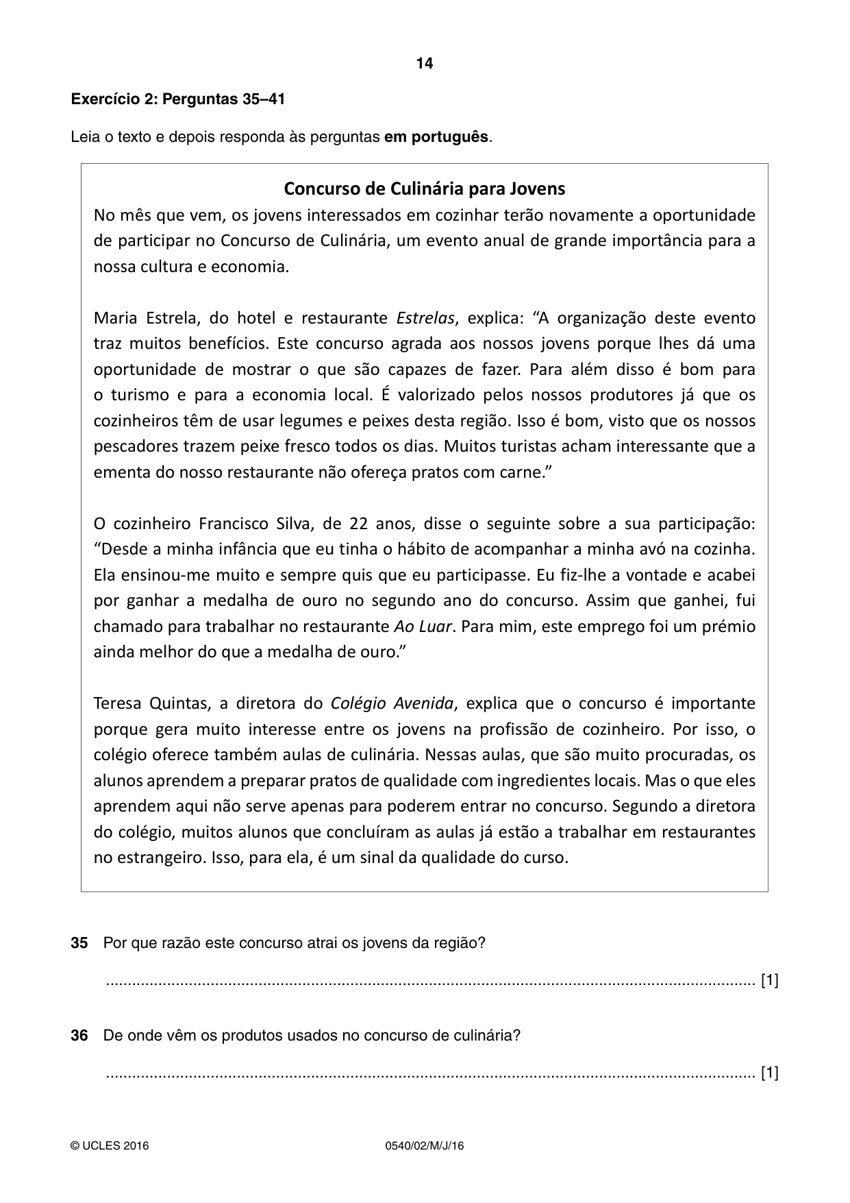 Cambridge IGCSE Portuguese - Foreign Language 0540 2016 May/June Paper 2 · Variant 0 question paper, page 14 of 16