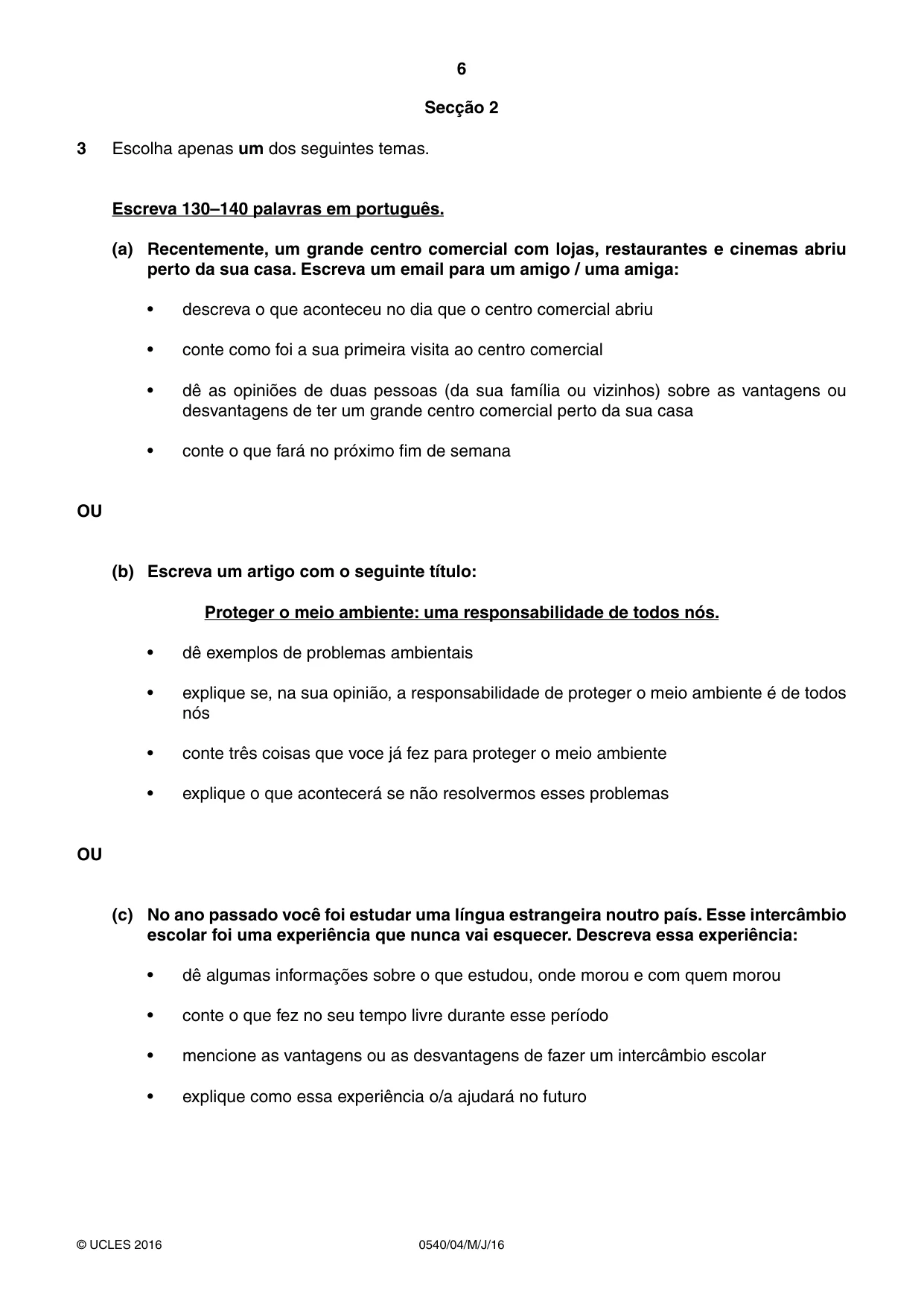 Cambridge IGCSE Portuguese - Foreign Language 0540 2016 May/June Paper 4 · Variant 0 question paper, page 6 of 8