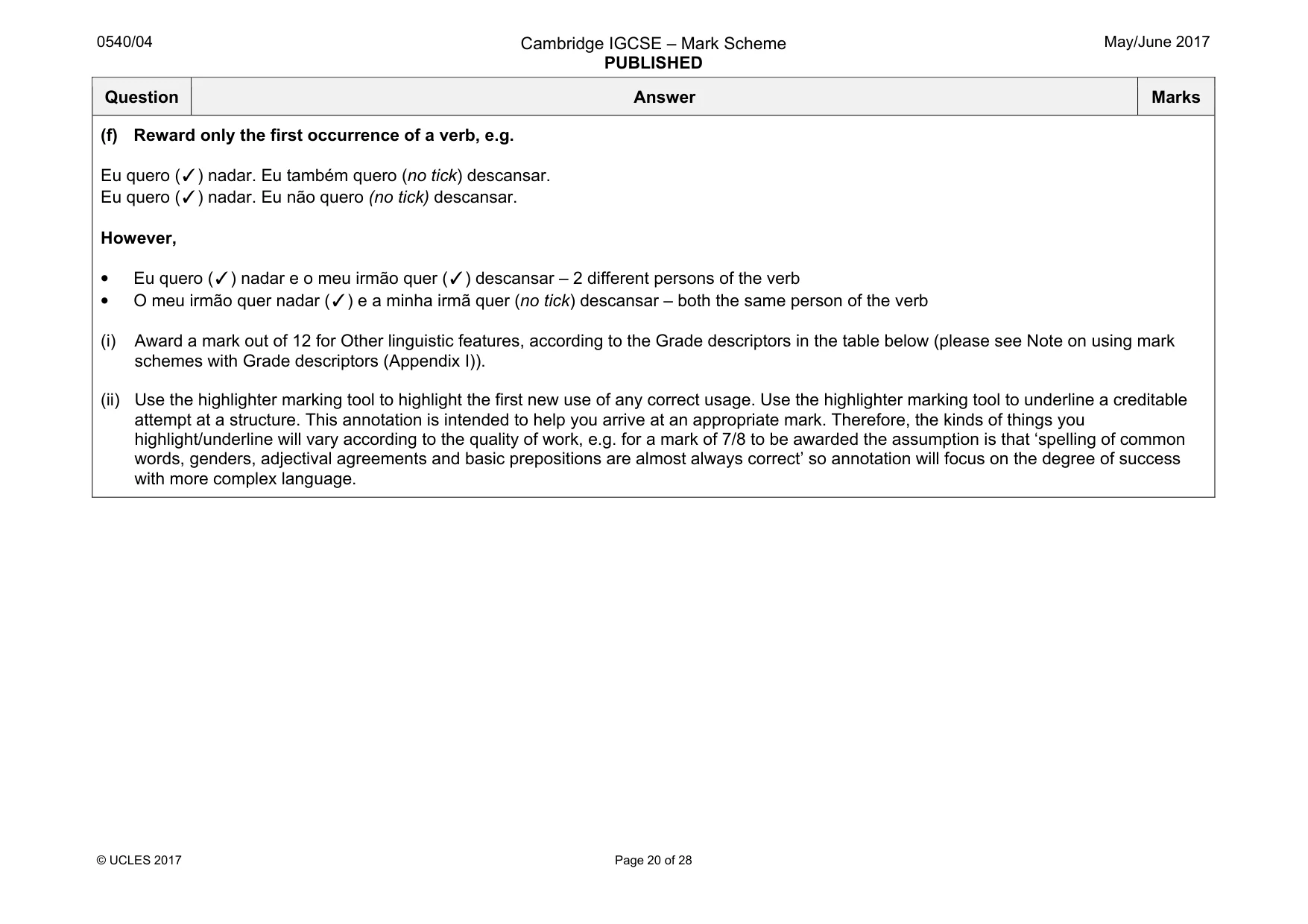 Mark scheme, page 20 of 28