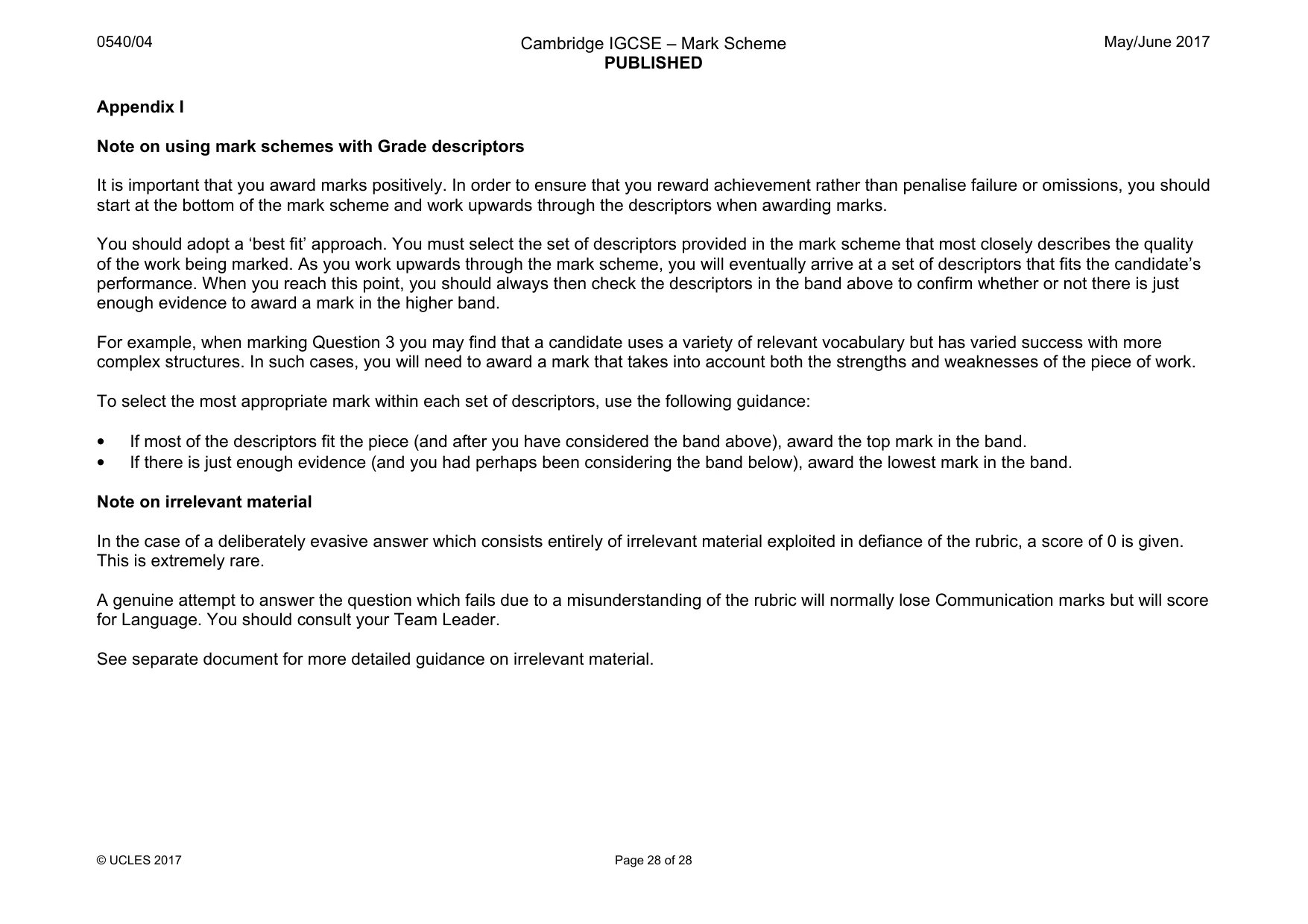Mark scheme, page 28 of 28