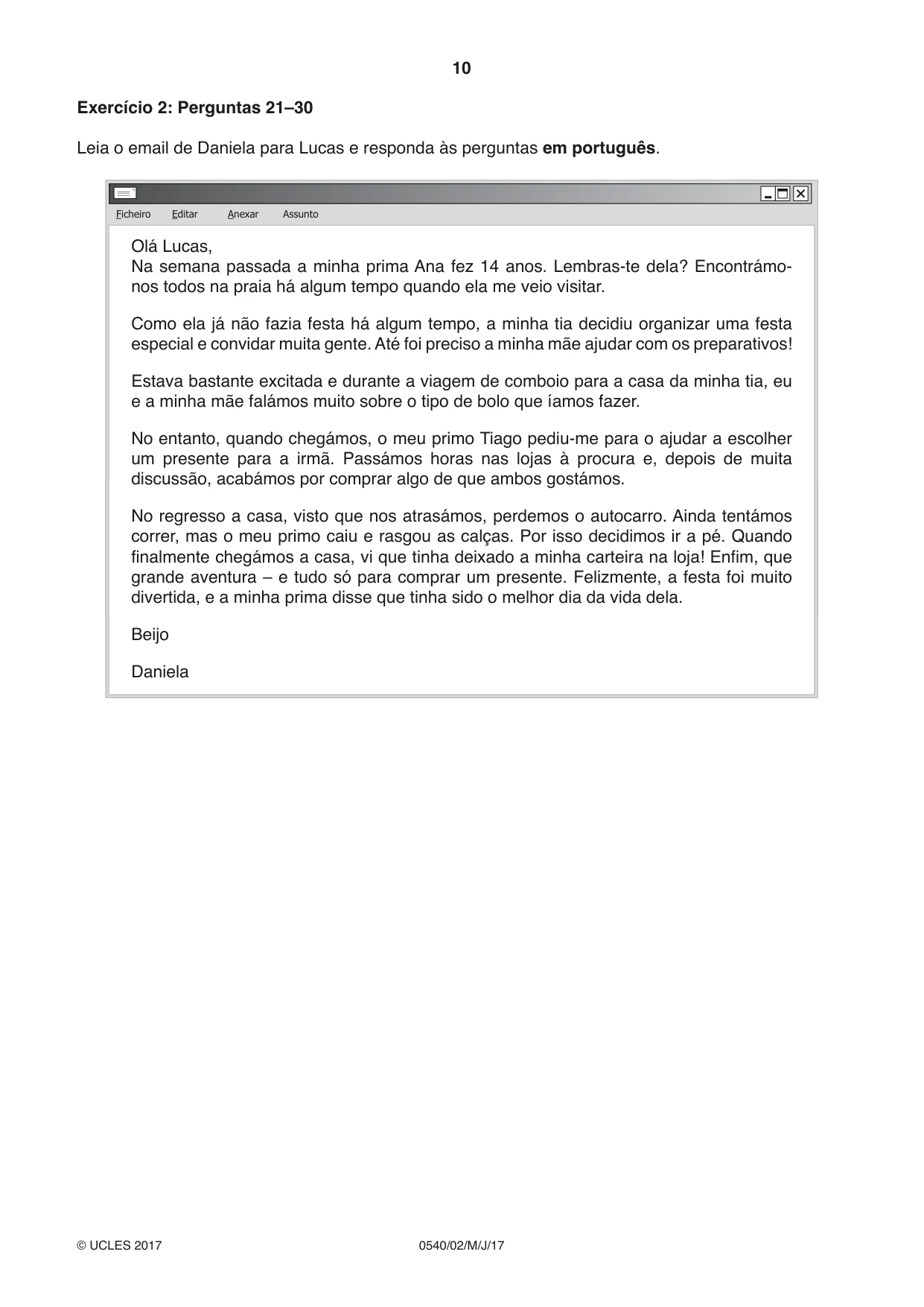 Cambridge IGCSE Portuguese - Foreign Language 0540 2017 May/June Paper 2 · Variant 1 question paper, page 10 of 16