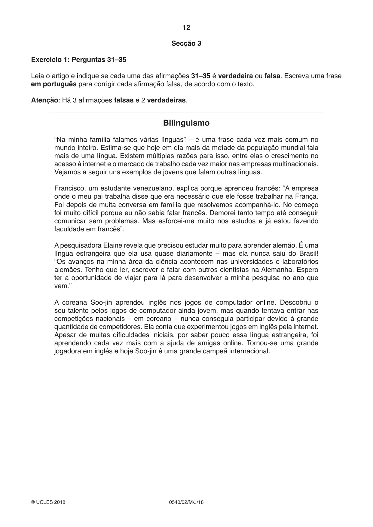 Cambridge IGCSE Portuguese - Foreign Language 0540 2018 May/June Paper 2 · Variant 0 question paper, page 12 of 16