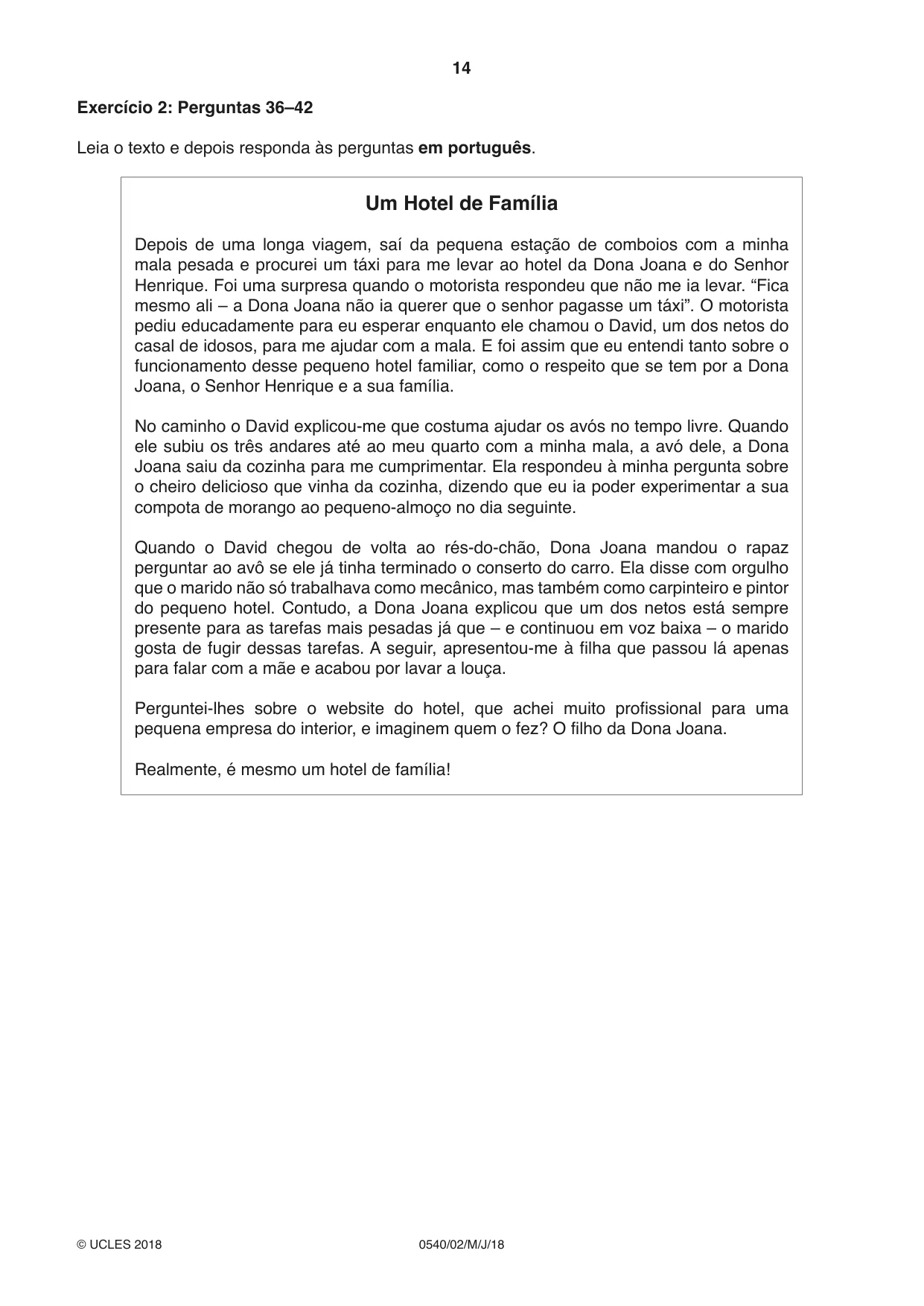 Cambridge IGCSE Portuguese - Foreign Language 0540 2018 May/June Paper 2 · Variant 0 question paper, page 14 of 16