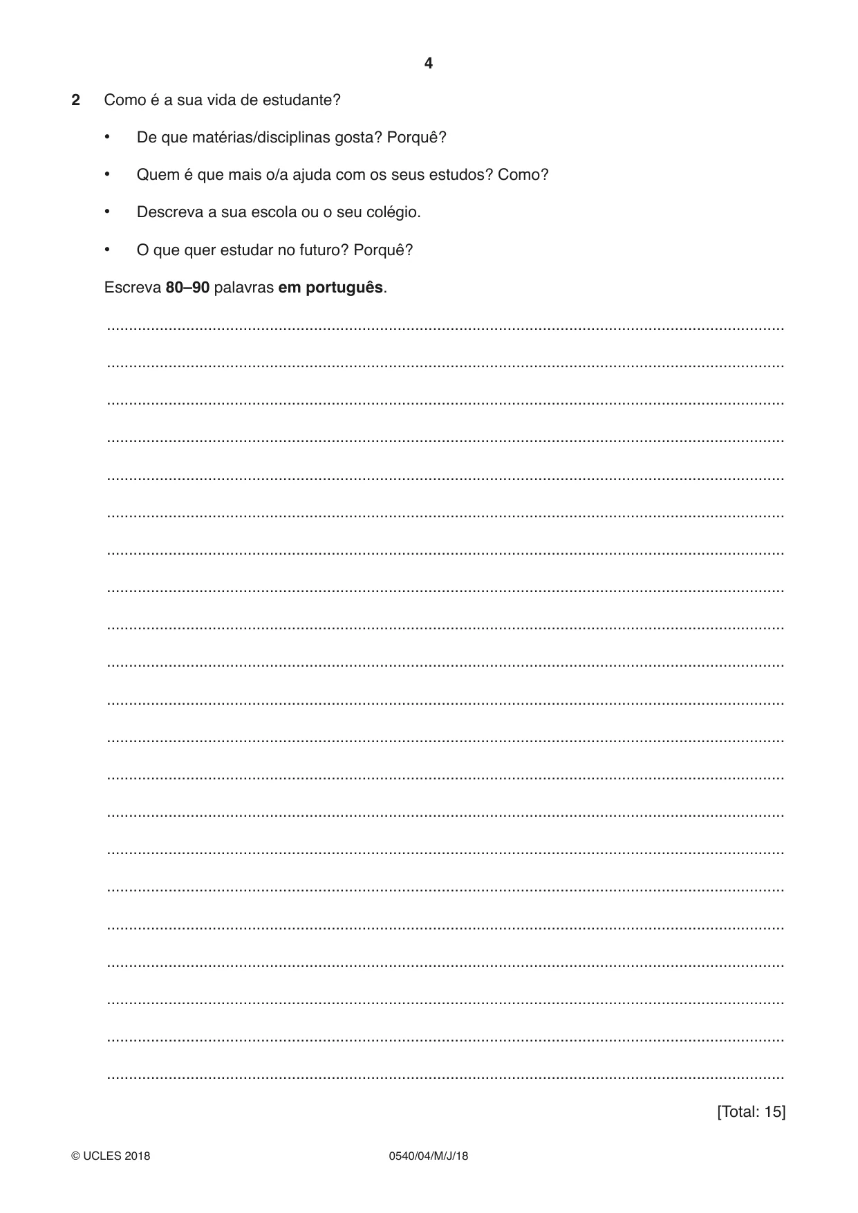 Cambridge IGCSE Portuguese - Foreign Language 0540 2018 May/June Paper 4 · Variant 0 question paper, page 4 of 8
