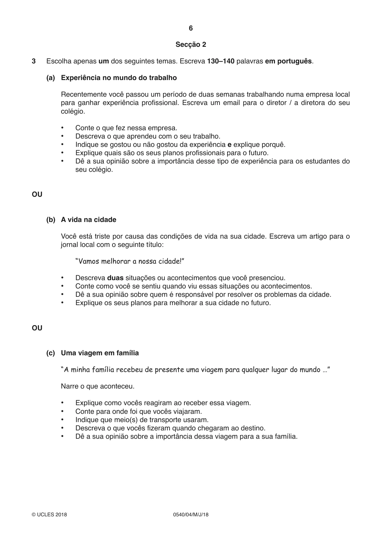 Cambridge IGCSE Portuguese - Foreign Language 0540 2018 May/June Paper 4 · Variant 0 question paper, page 6 of 8
