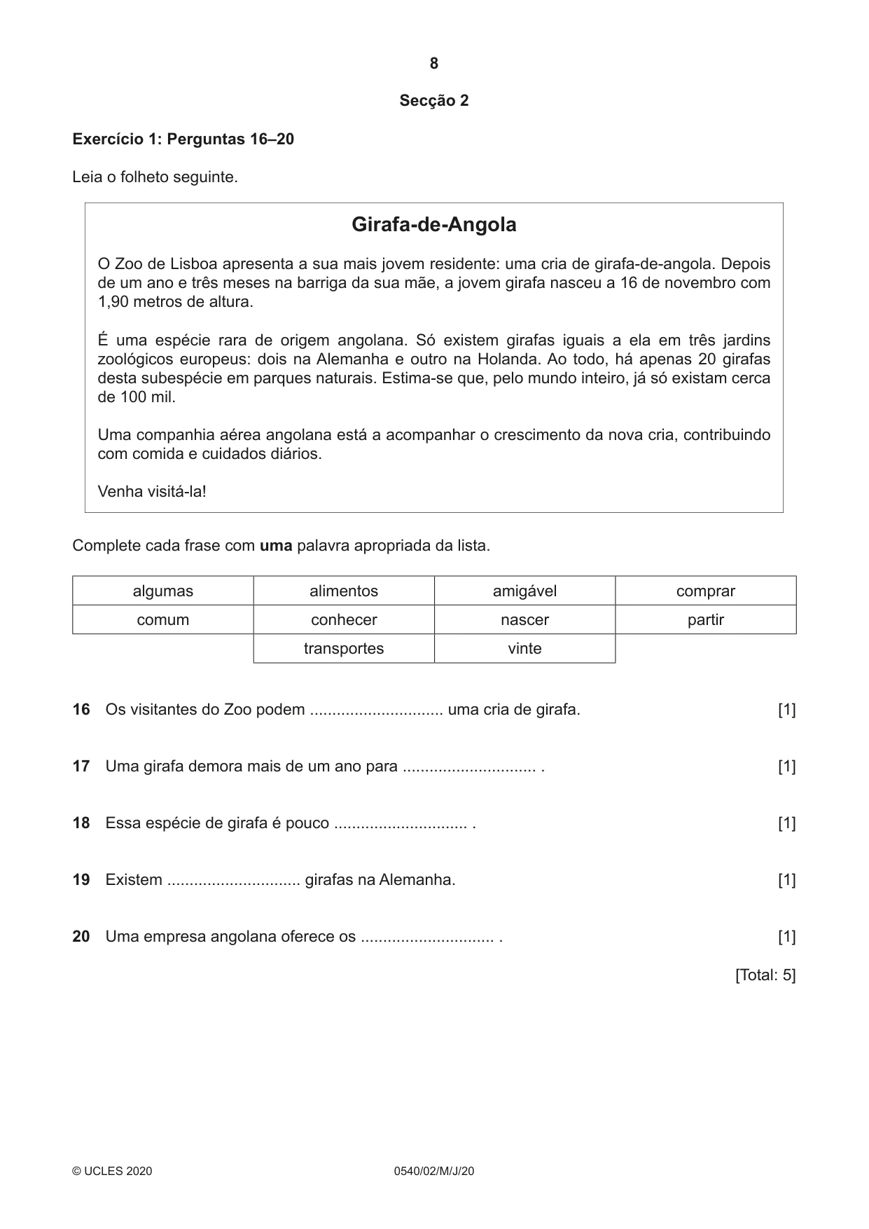 Cambridge IGCSE Portuguese - Foreign Language 0540 2020 May/June Paper 2 · Variant 0 question paper, page 8 of 16