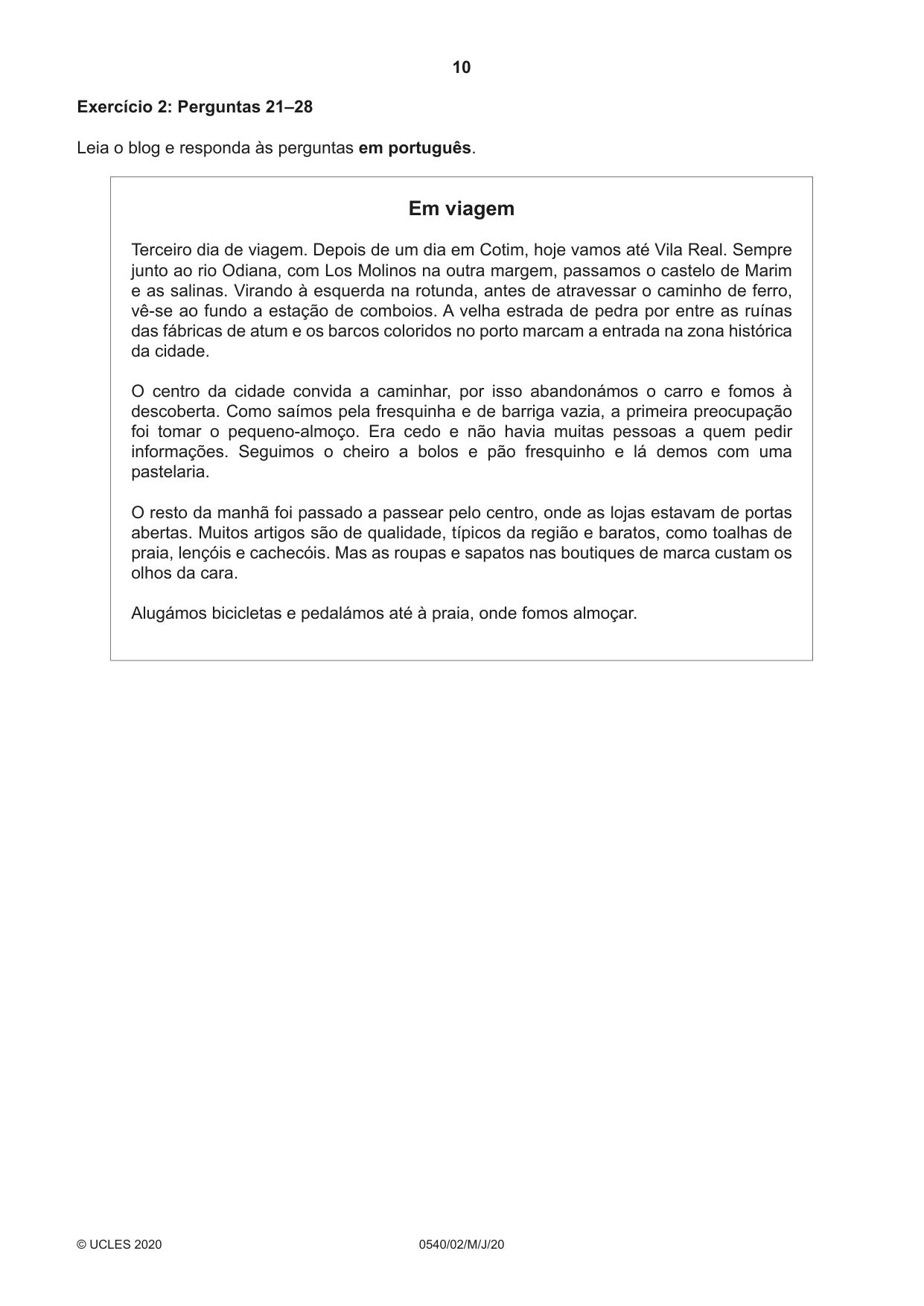 Cambridge IGCSE Portuguese - Foreign Language 0540 2020 May/June Paper 2 · Variant 0 question paper, page 10 of 16