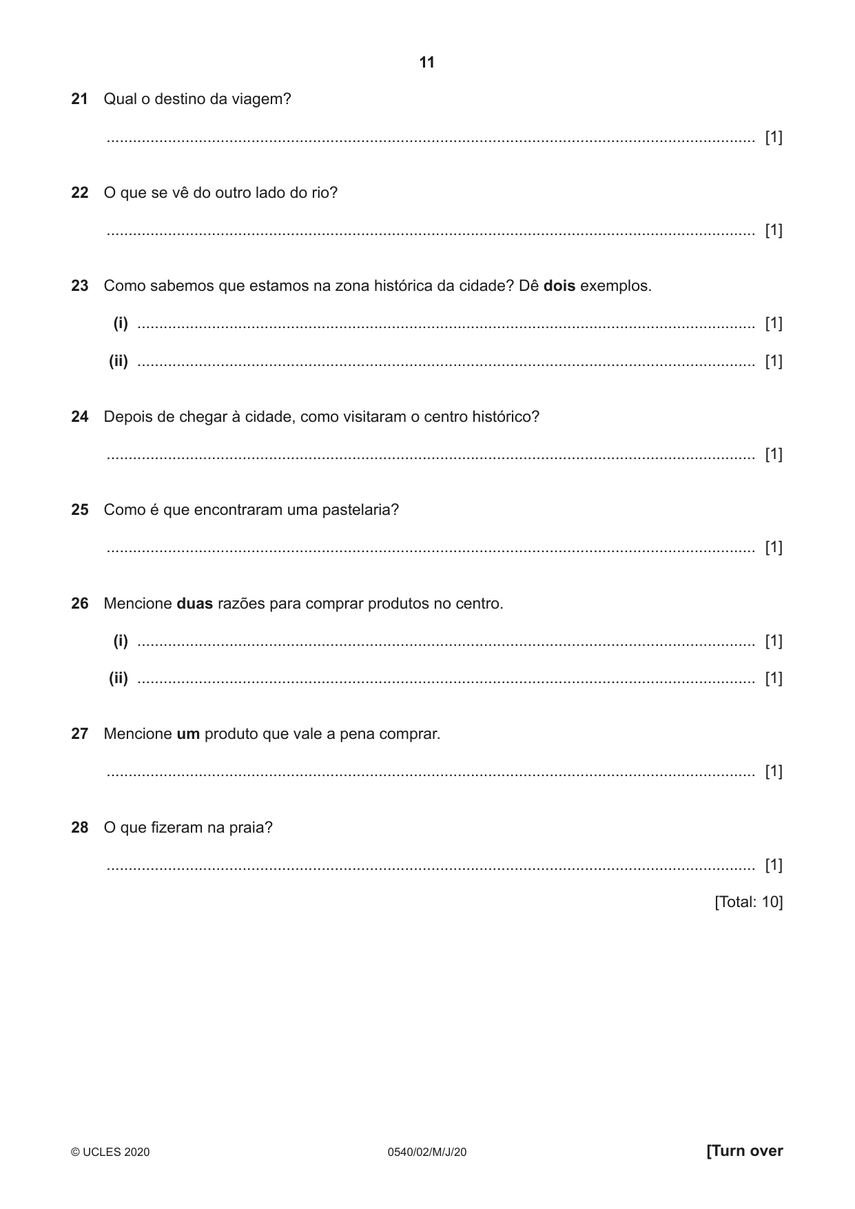 Cambridge IGCSE Portuguese - Foreign Language 0540 2020 May/June Paper 2 · Variant 0 question paper, page 11 of 16