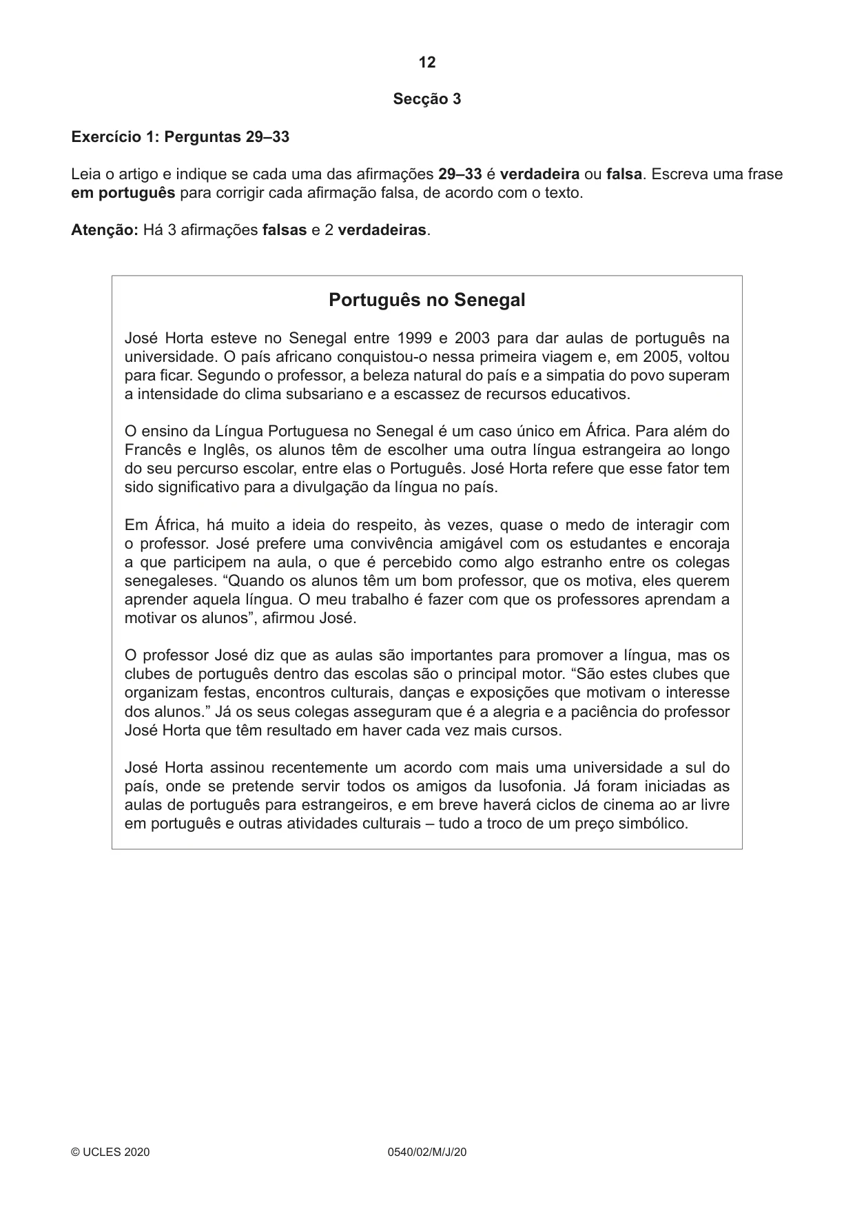 Cambridge IGCSE Portuguese - Foreign Language 0540 2020 May/June Paper 2 · Variant 0 question paper, page 12 of 16
