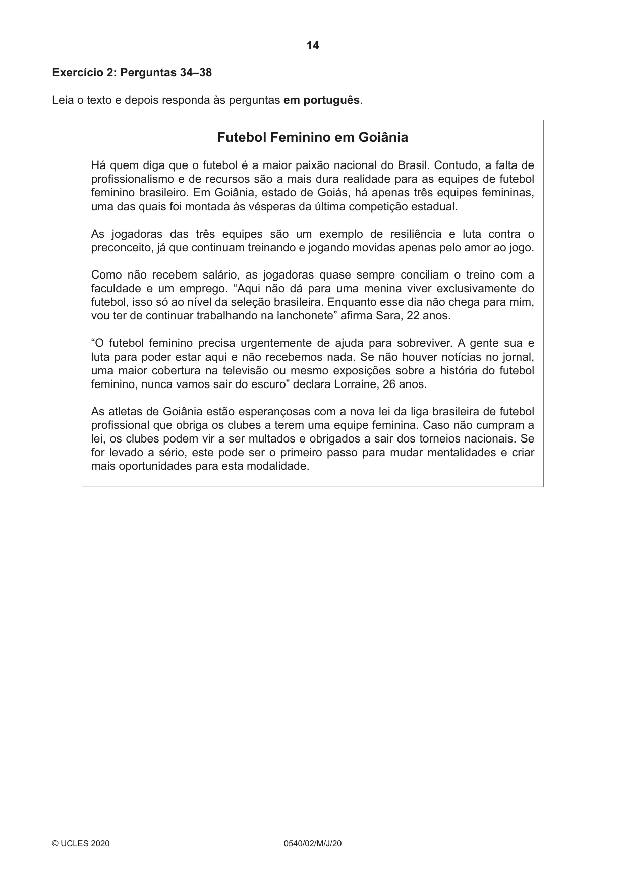 Cambridge IGCSE Portuguese - Foreign Language 0540 2020 May/June Paper 2 · Variant 0 question paper, page 14 of 16