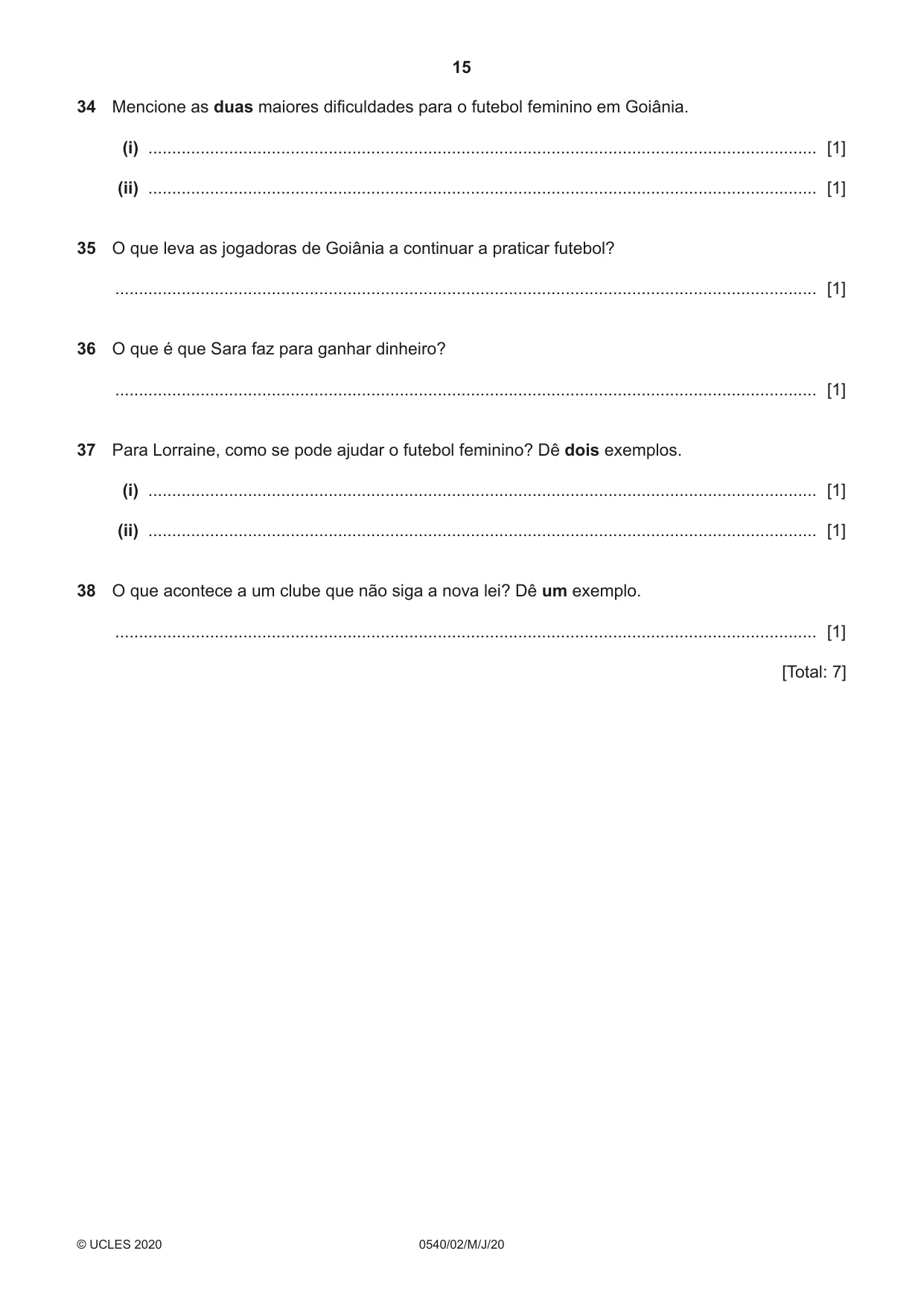 Cambridge IGCSE Portuguese - Foreign Language 0540 2020 May/June Paper 2 · Variant 0 question paper, page 15 of 16