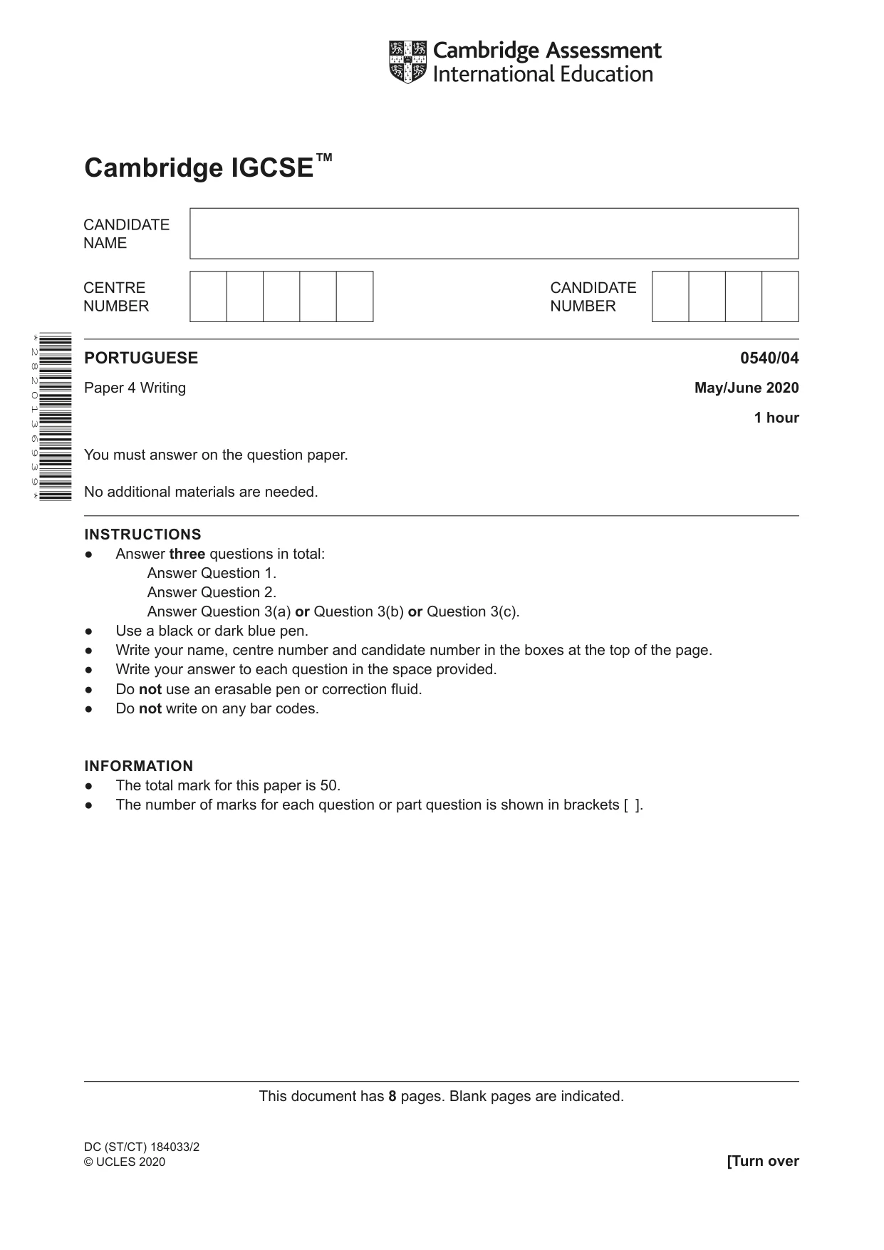 Cambridge IGCSE Portuguese - Foreign Language 0540 2020 May/June Paper 4 · Variant 0 question paper, page 1 of 8