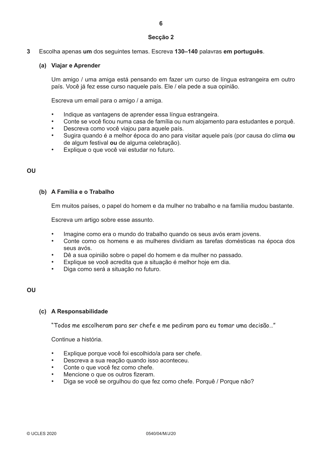 Cambridge IGCSE Portuguese - Foreign Language 0540 2020 May/June Paper 4 · Variant 0 question paper, page 6 of 8