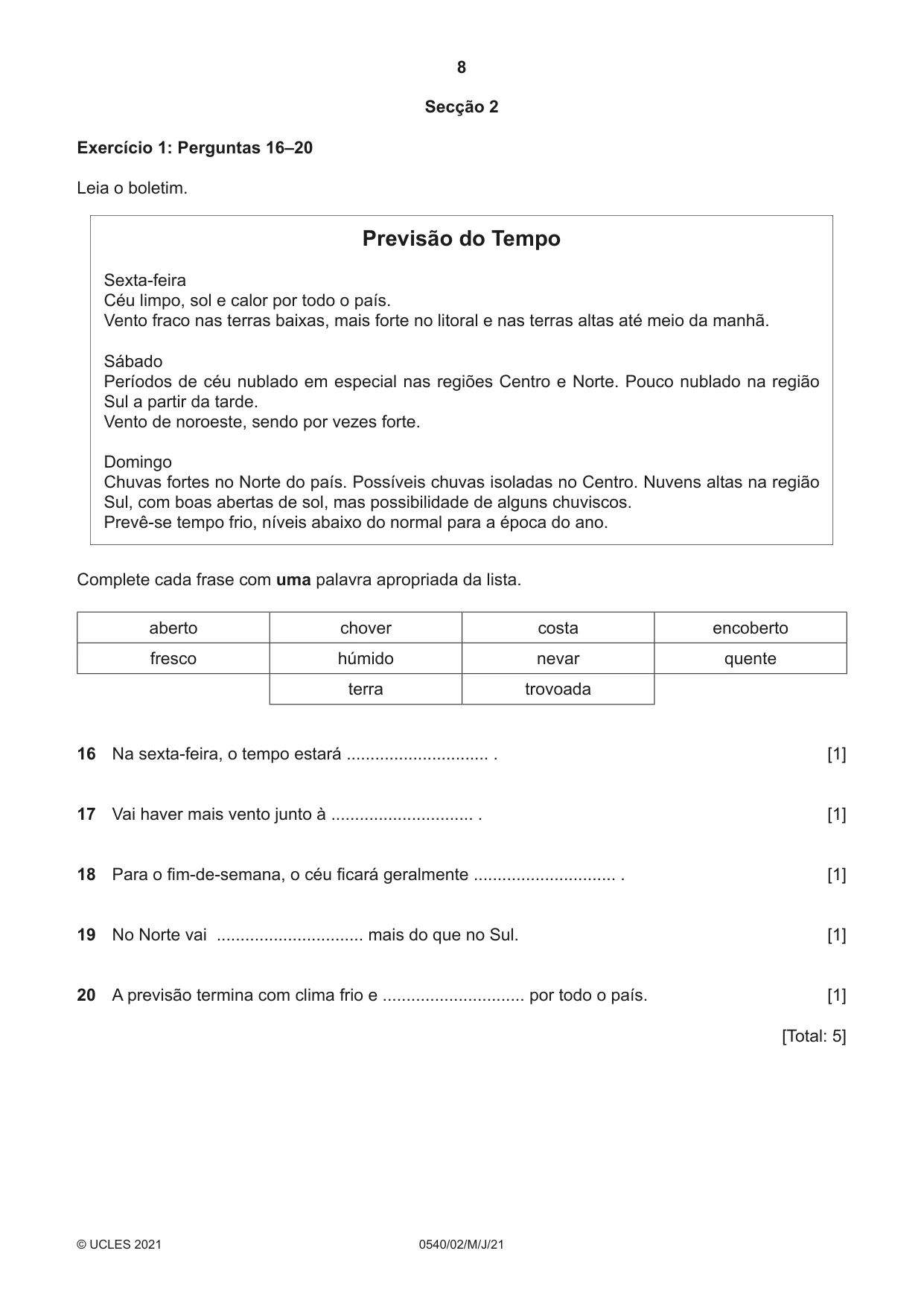 Cambridge IGCSE Portuguese - Foreign Language 0540 2021 May/June Paper 2 · Variant 0 question paper, page 8 of 16