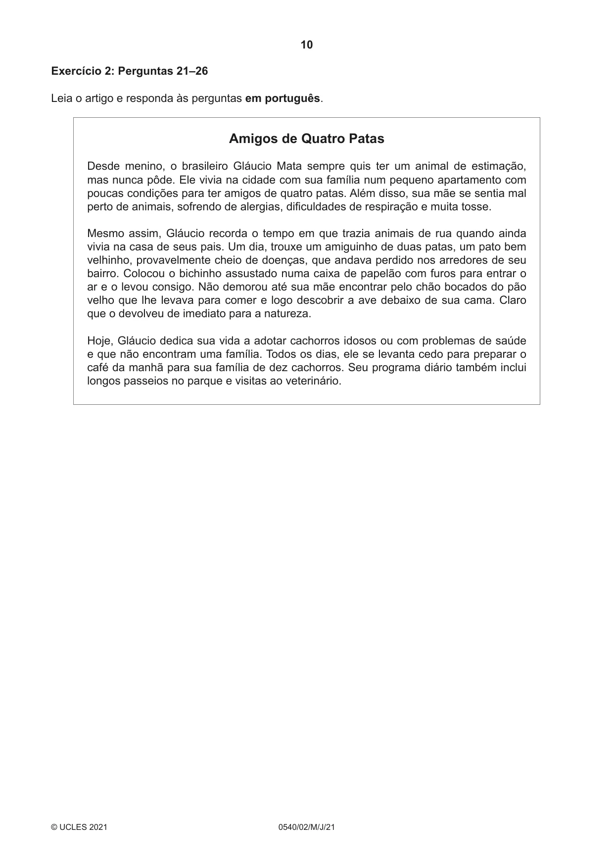 Cambridge IGCSE Portuguese - Foreign Language 0540 2021 May/June Paper 2 · Variant 0 question paper, page 10 of 16