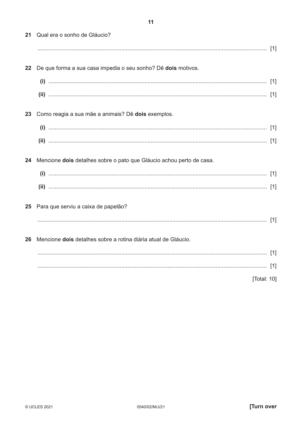 Cambridge IGCSE Portuguese - Foreign Language 0540 2021 May/June Paper 2 · Variant 0 question paper, page 11 of 16