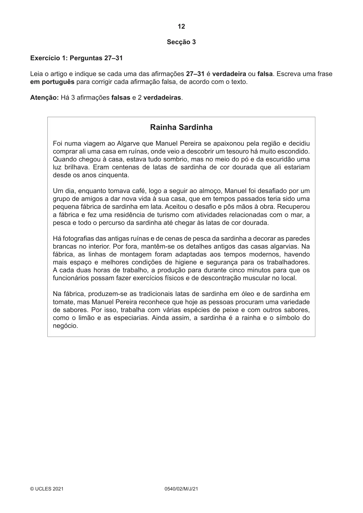 Cambridge IGCSE Portuguese - Foreign Language 0540 2021 May/June Paper 2 · Variant 0 question paper, page 12 of 16