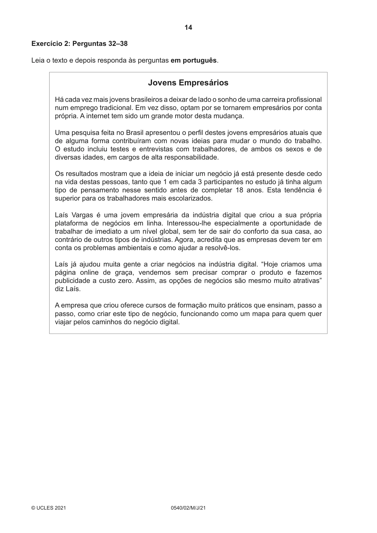 Cambridge IGCSE Portuguese - Foreign Language 0540 2021 May/June Paper 2 · Variant 0 question paper, page 14 of 16