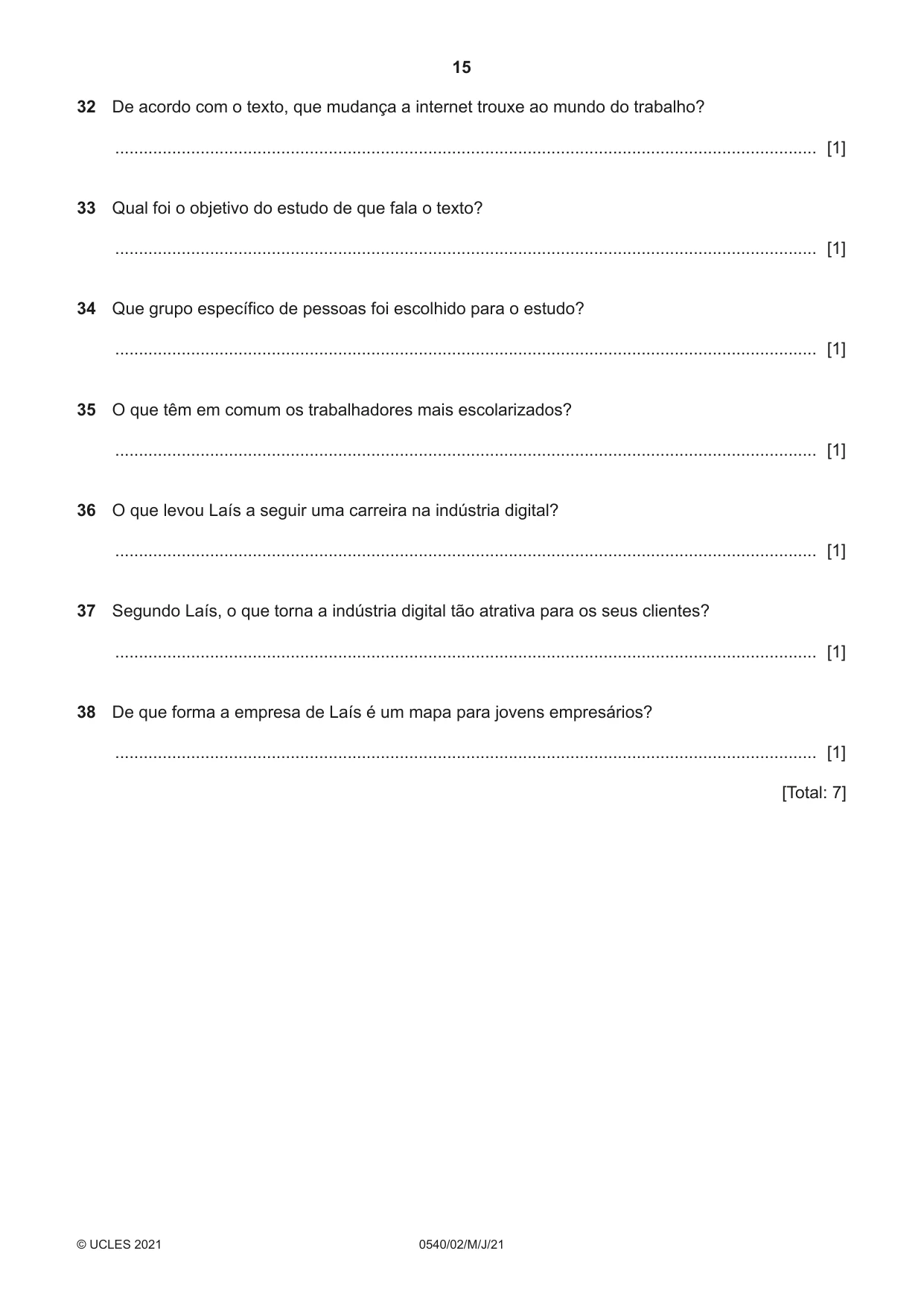 Cambridge IGCSE Portuguese - Foreign Language 0540 2021 May/June Paper 2 · Variant 0 question paper, page 15 of 16