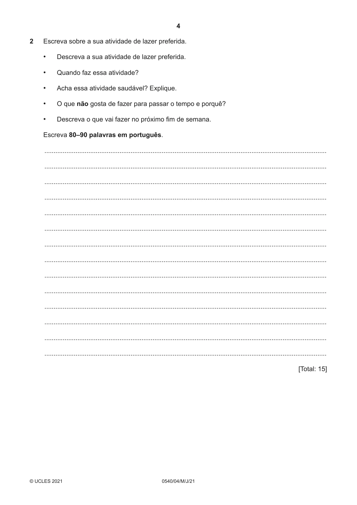Cambridge IGCSE Portuguese - Foreign Language 0540 2021 May/June Paper 4 · Variant 0 question paper, page 4 of 8