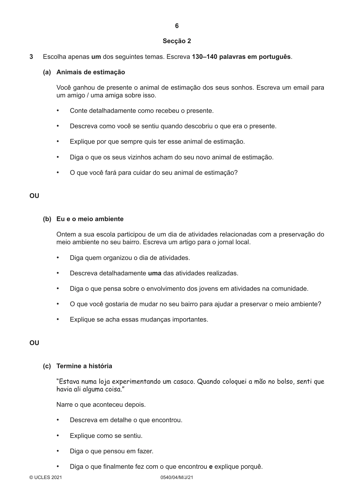 Cambridge IGCSE Portuguese - Foreign Language 0540 2021 May/June Paper 4 · Variant 0 question paper, page 6 of 8