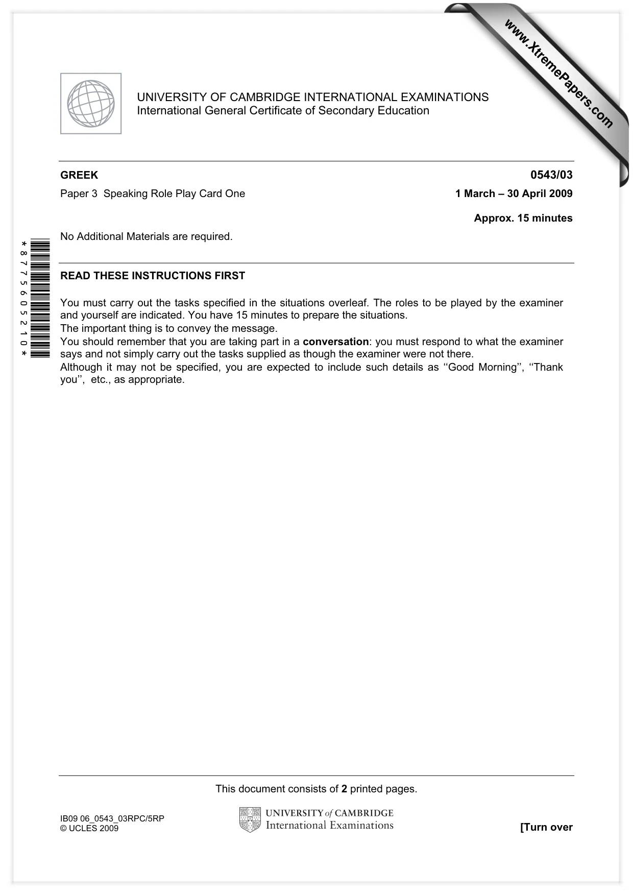 Cambridge IGCSE Greek - Foreign Language 0543 2009 May/June Paper 3 · Variant 1 question paper, page 1 of 18