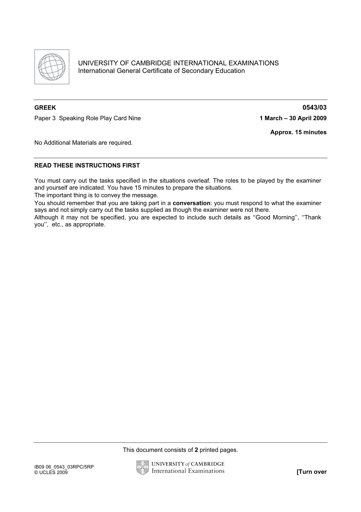 Cambridge IGCSE Greek - Foreign Language 0543 2009 May/June Paper 3 · Variant 1 question paper, page 17 of 18