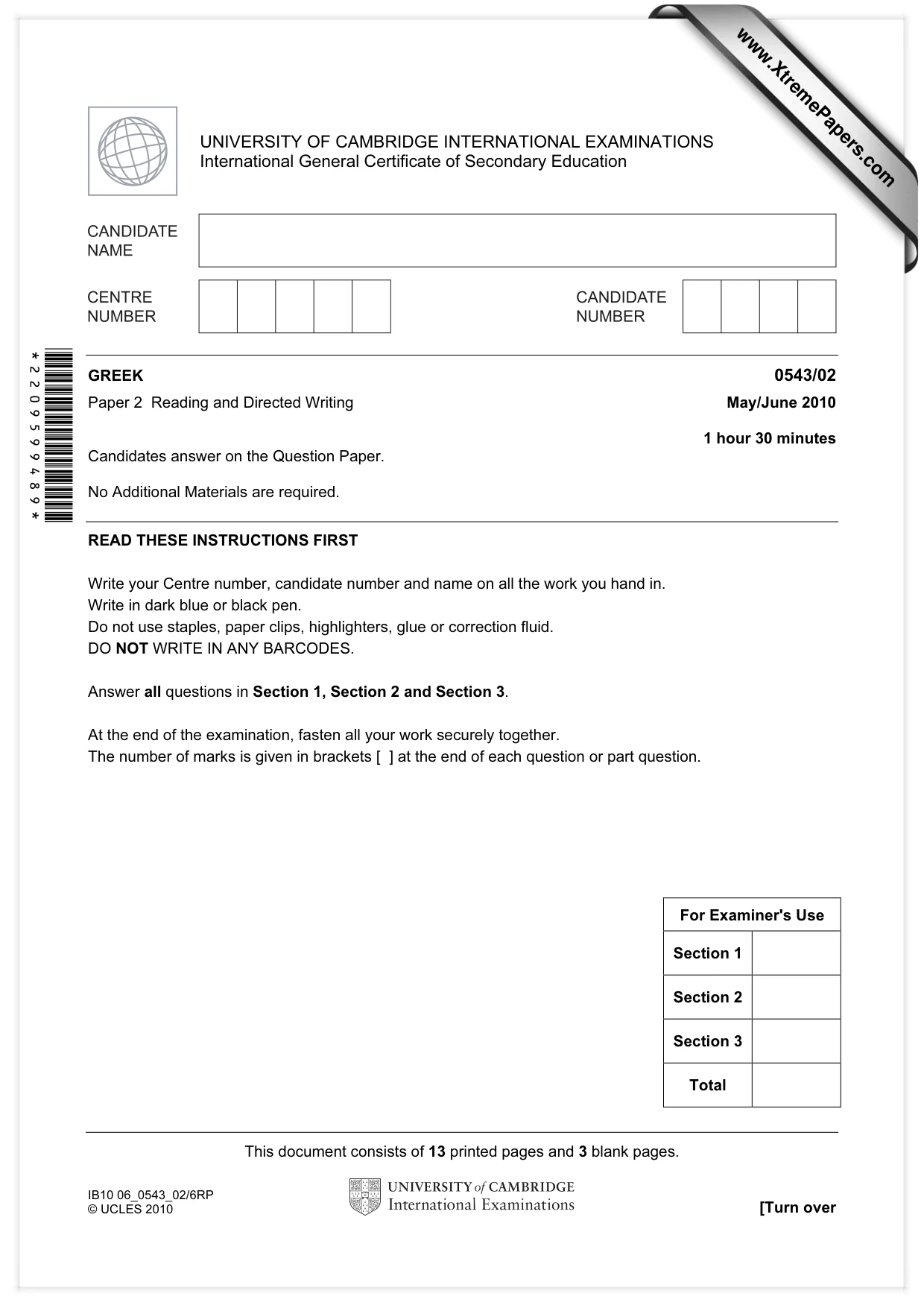 Cambridge IGCSE Greek - Foreign Language 0543 2010 May/June Paper 2 · Variant 1 question paper, page 1 of 16