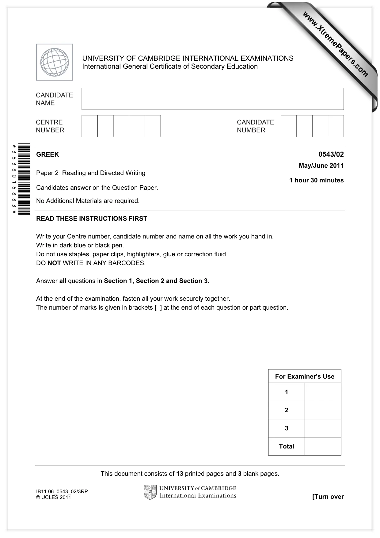 Cambridge IGCSE Greek - Foreign Language 0543 2011 May/June Paper 2 · Variant 1 question paper, page 1 of 16