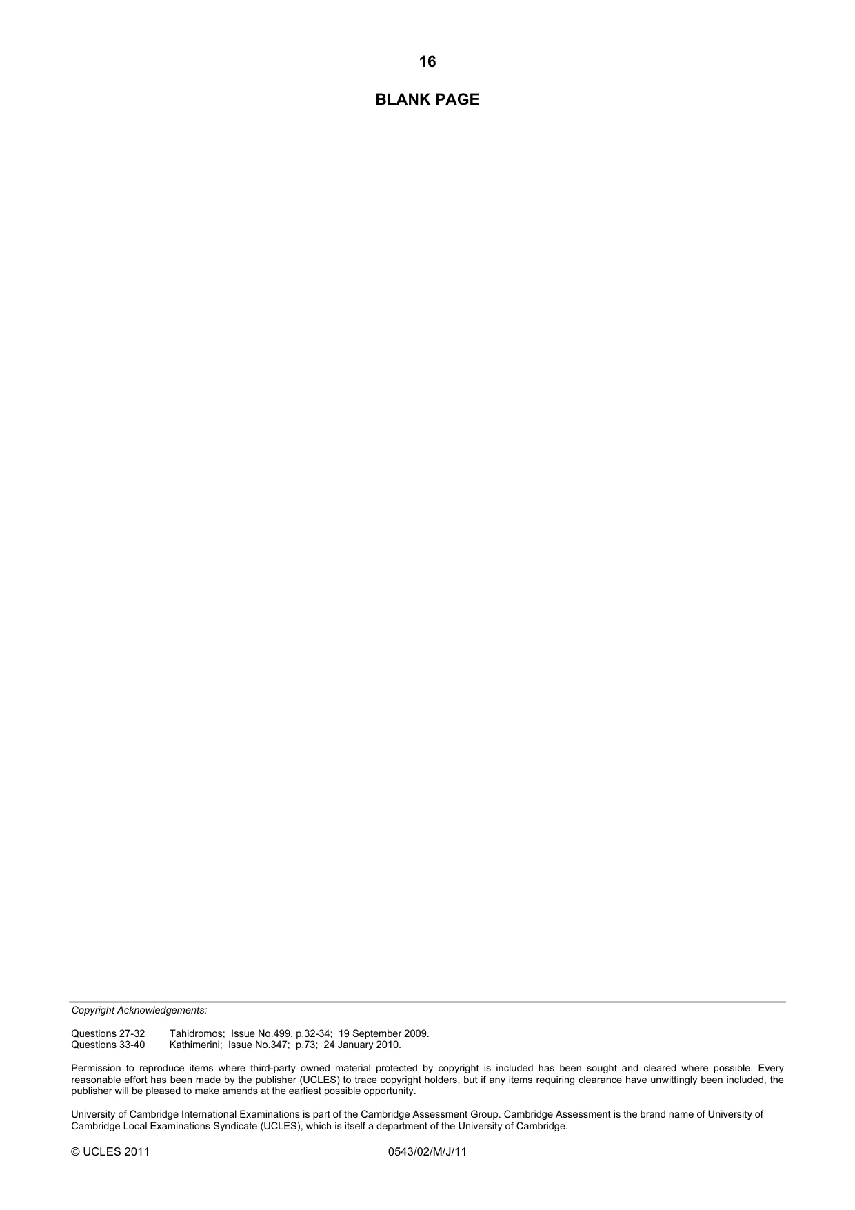 Cambridge IGCSE Greek - Foreign Language 0543 2011 May/June Paper 2 · Variant 1 question paper, page 16 of 16