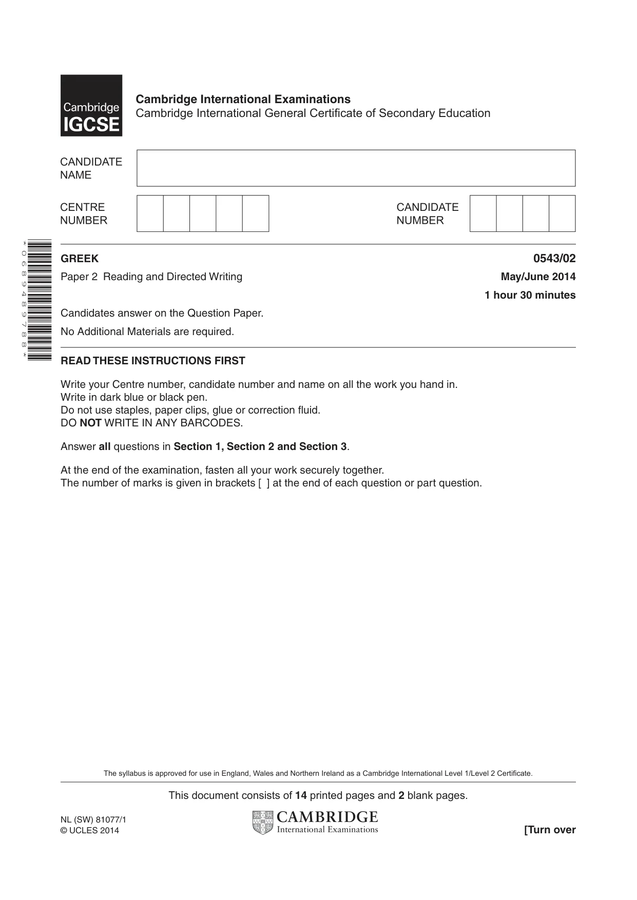 Cambridge IGCSE Greek - Foreign Language 0543 2014 May/June Paper 2 · Variant 1 question paper, page 1 of 16