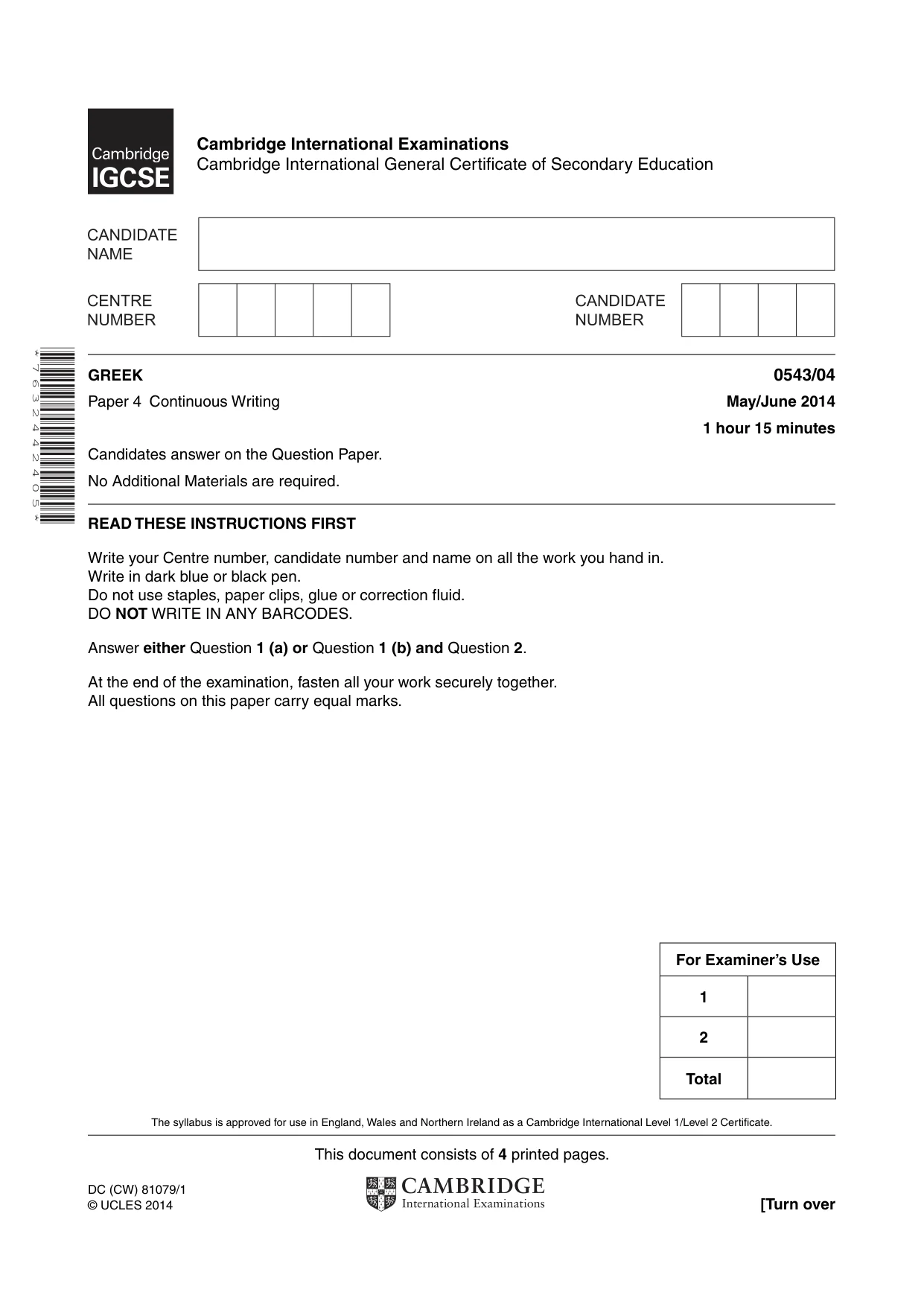 Cambridge IGCSE Greek - Foreign Language 0543 2014 May/June Paper 4 · Variant 1 question paper, page 1 of 4